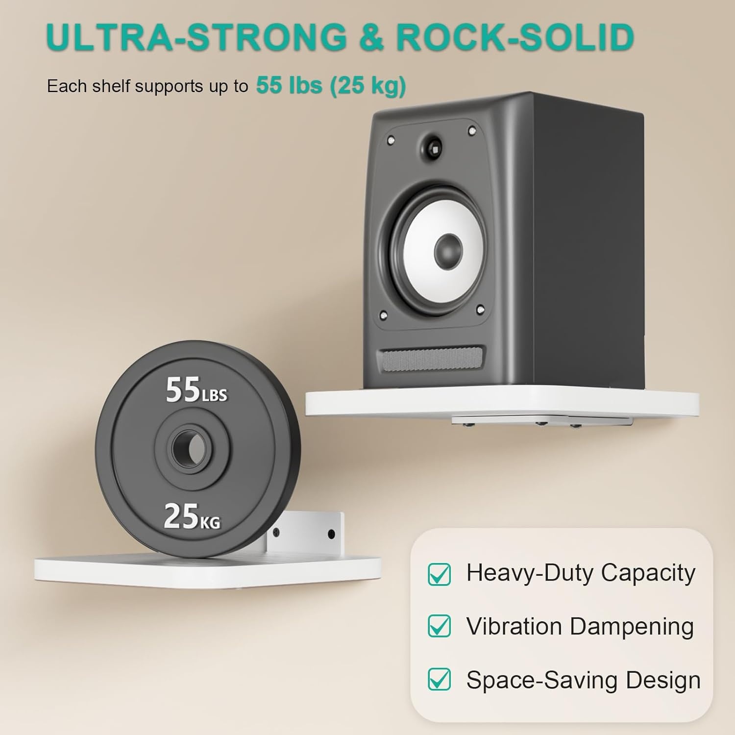 image:imageWALI Speaker Wall Mount Heavy Duty Bookshelf Speaker Floating Wall Shelves Surround Sound Speakers Stand for Living Room Home Theater and Gaming Room Holds up to 55 Lbs SWM302W 1 Pair WhiteWhite