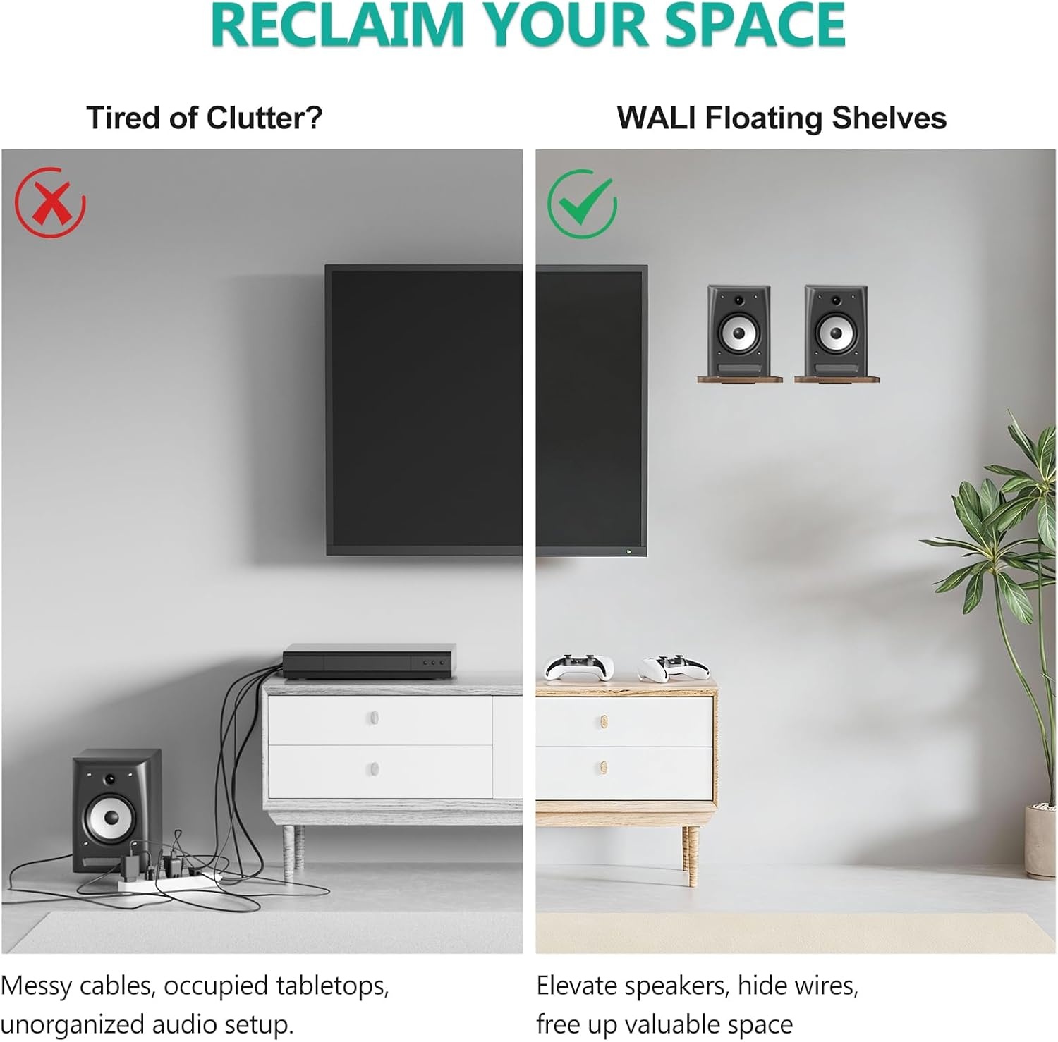 image:imageWALI Speaker Wall Mount Heavy Duty Bookshelf Speaker Floating Wall Shelves Surround Sound Speakers Stand for Living Room Home Theater and Gaming Room Holds up to 55 Lbs SWM302W 1 Pair WhiteWood
