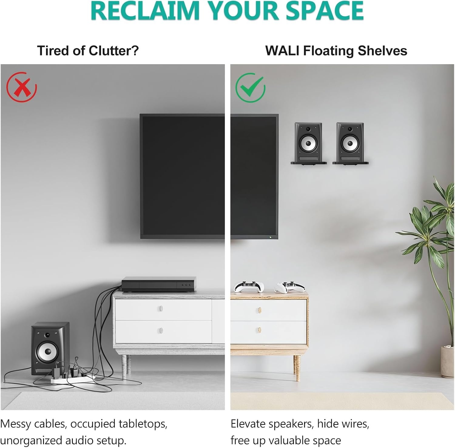 image:imageWALI Speaker Wall Mount Heavy Duty Bookshelf Speaker Floating Wall Shelves Surround Sound Speakers Stand for Living Room Home Theater and Gaming Room Holds up to 55 Lbs SWM302W 1 Pair WhiteBlack