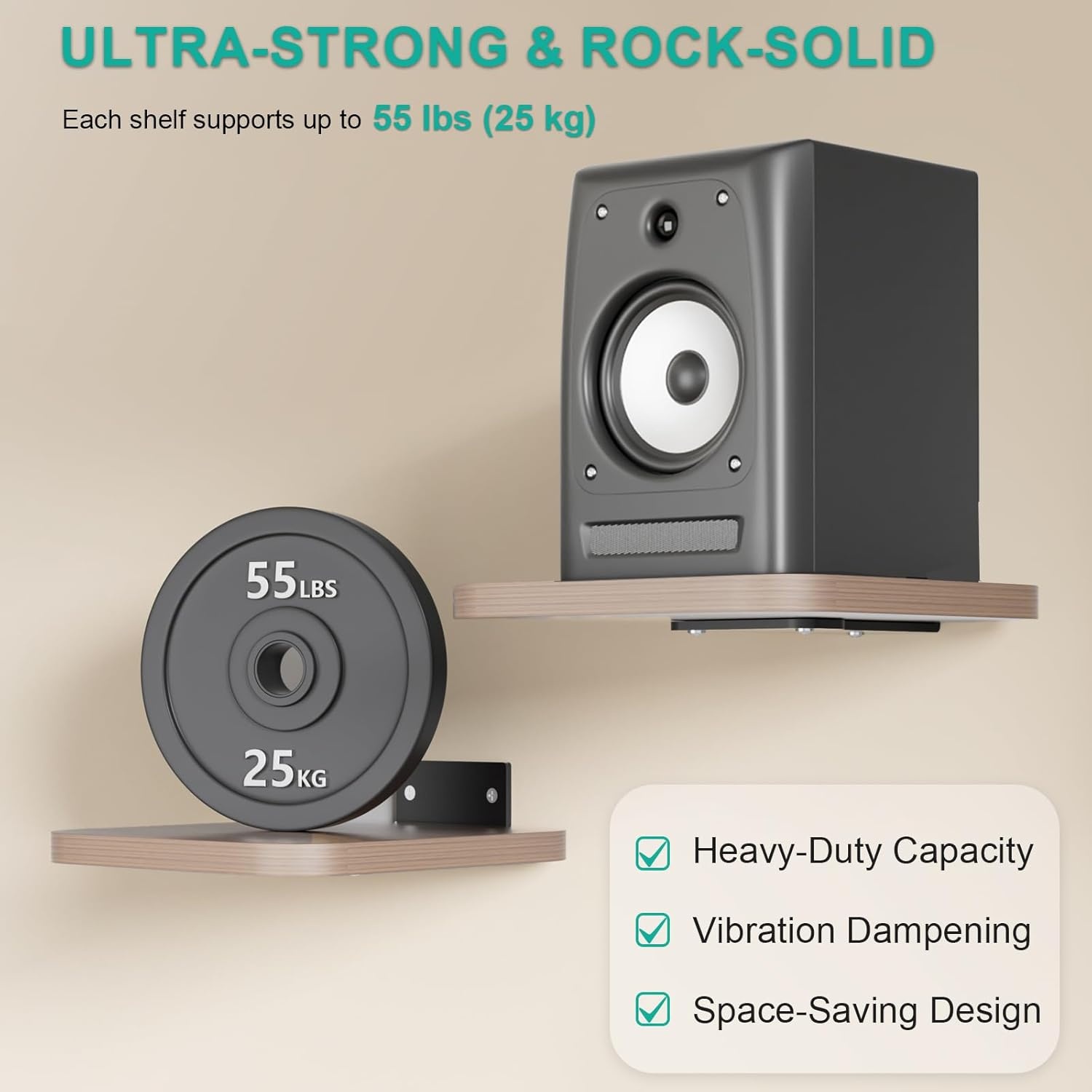 image:imageWALI Speaker Wall Mount Heavy Duty Bookshelf Speaker Floating Wall Shelves Surround Sound Speakers Stand for Living Room Home Theater and Gaming Room Holds up to 55 Lbs SWM302W 1 Pair WhiteWood