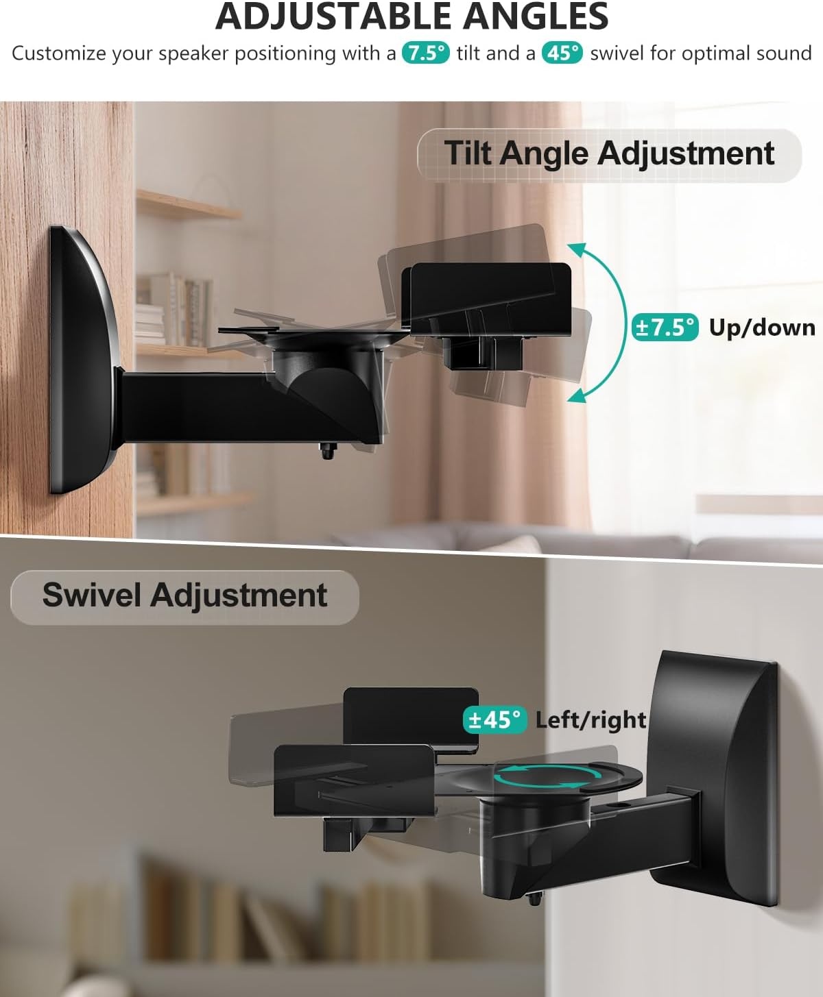 image:imageWALI Speaker Wall Mount Surround Sound Speaker Stand with Adjustable Swivel Tilt Angle Small Bookshelf Speaker Mount for Living Room Home Theater Hold up to 77 Lbs SWM202 2 Pack BlackStandard