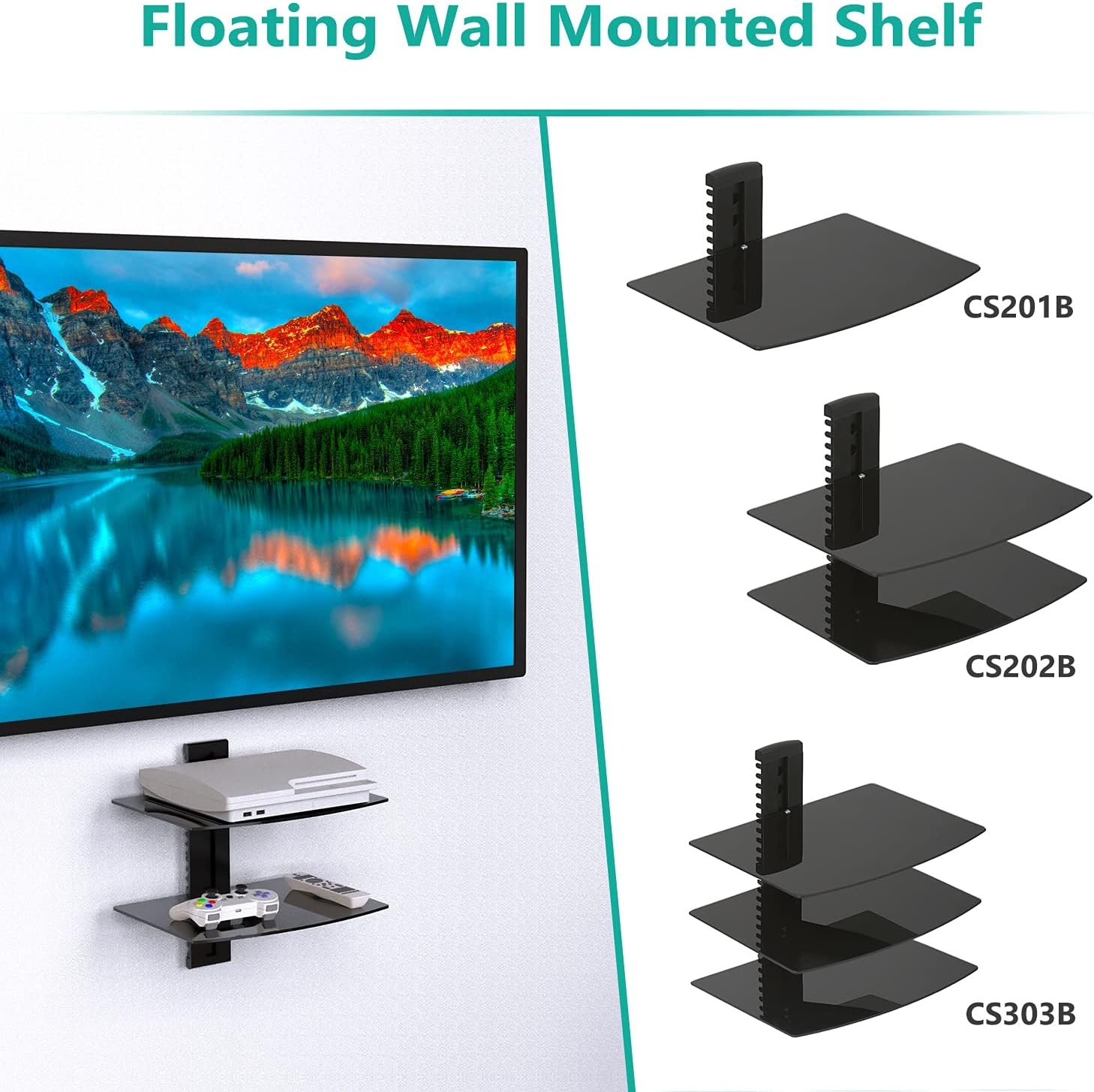 image:imageWALI Floating TV Shelf 2 Tier Projector Shelf for DVD Players Routers Game Consoles Cable Boxes Living Room Decor Accessories Wall Mount Shelves Holds Up to 22lbs CS202N 2Shelf Walnut BrownGlass Black