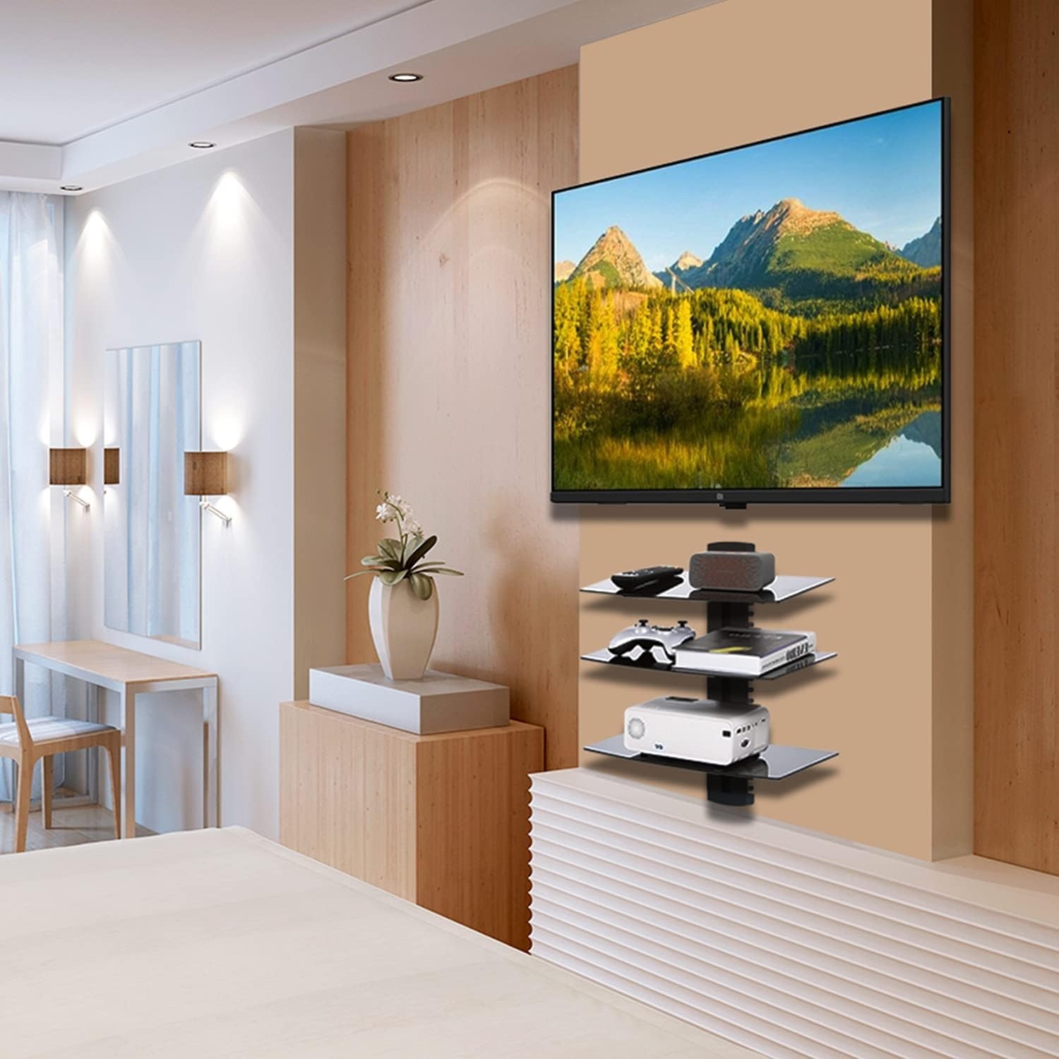 image:imageWALI Floating TV Shelf 2 Tier Projector Shelf for DVD Players Routers Game Consoles Cable Boxes Living Room Decor Accessories Wall Mount Shelves Holds Up to 22lbs CS202N 2Shelf Walnut BrownGlass Black