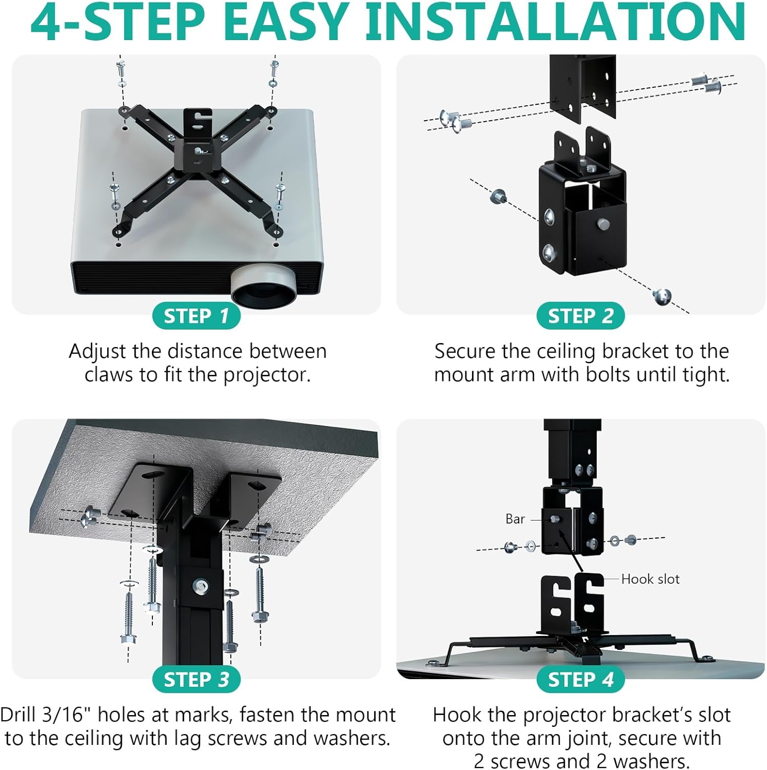 image:imageWALI Projector Ceiling Mount Tray Height Adjustable Wall Mount Holder for Projectors Hidden Cable Management Fits Projectors up to 22lbs 137 x 86 Platform White PM005WBlack