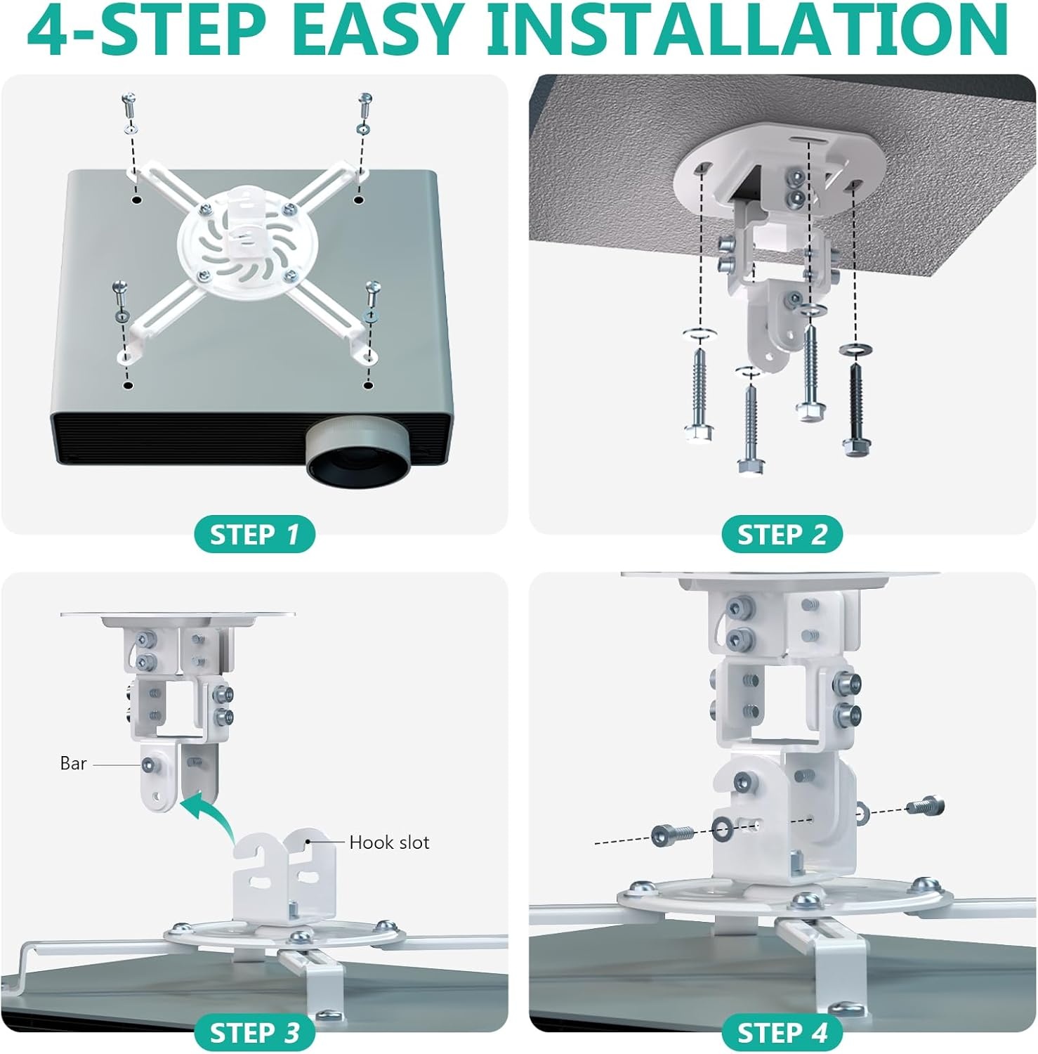image:imageWALI Projector Ceiling Mount Tray Height Adjustable Wall Mount Holder for Projectors Hidden Cable Management Fits Projectors up to 22lbs 137 x 86 Platform White PM005WWhite
