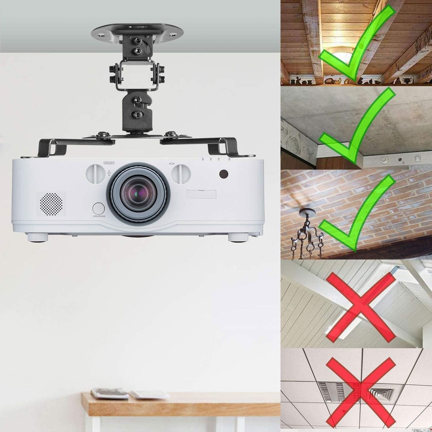image:imageWALI Projector Ceiling Mount Tray Height Adjustable Wall Mount Holder for Projectors Hidden Cable Management Fits Projectors up to 22lbs 137 x 86 Platform White PM005WBlack