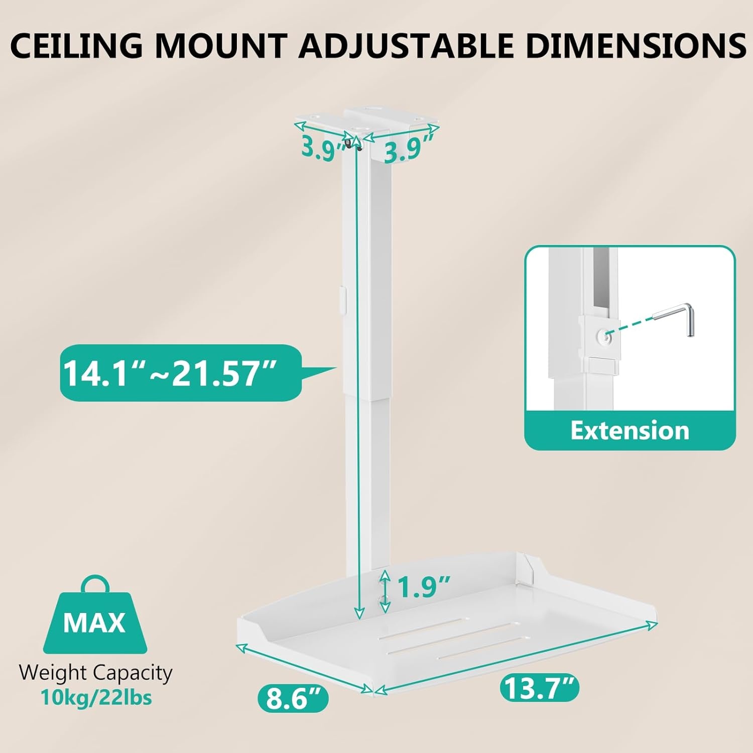 image:imageWALI Projector Ceiling Mount Tray Height Adjustable Wall Mount Holder for Projectors Hidden Cable Management Fits Projectors up to 22lbs 137 x 86 Platform White PM005WWhite