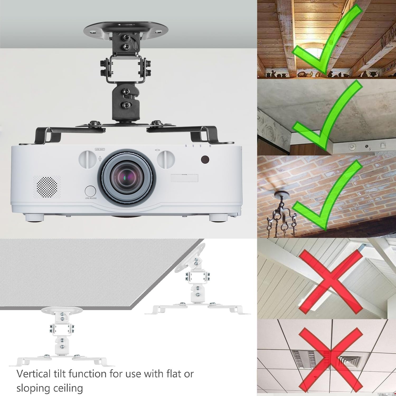 image:imageWALI Projector Ceiling Mount Tray Height Adjustable Wall Mount Holder for Projectors Hidden Cable Management Fits Projectors up to 22lbs 137 x 86 Platform White PM005WWhite