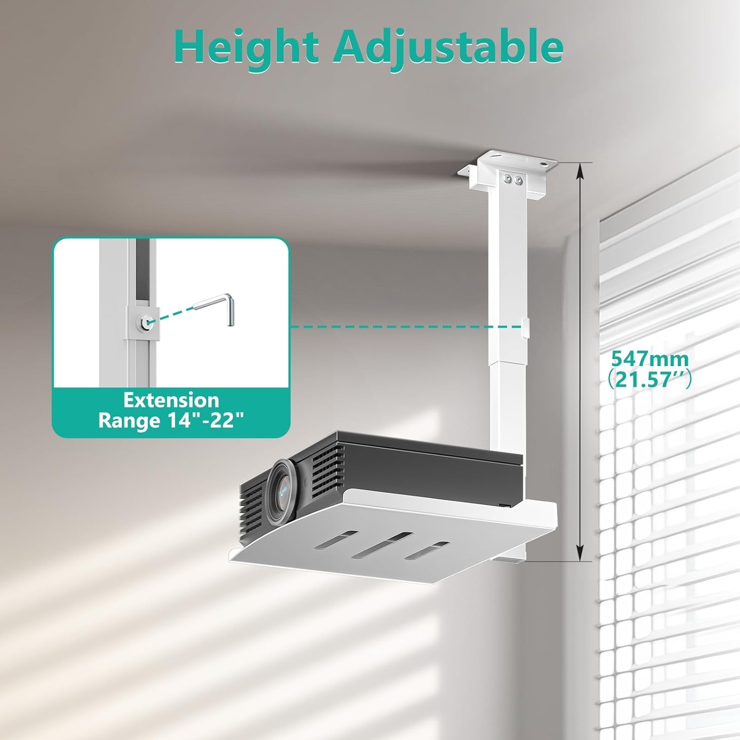 image:imageWALI Projector Ceiling Mount Tray Height Adjustable Wall Mount Holder for Projectors Hidden Cable Management Fits Projectors up to 22lbs 137 x 86 Platform White PM005WWhite