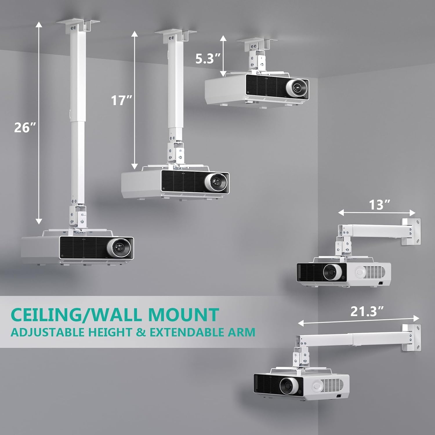 image:imageWALI Projector Ceiling Mount Tray Height Adjustable Wall Mount Holder for Projectors Hidden Cable Management Fits Projectors up to 22lbs 137 x 86 Platform White PM005WWhite