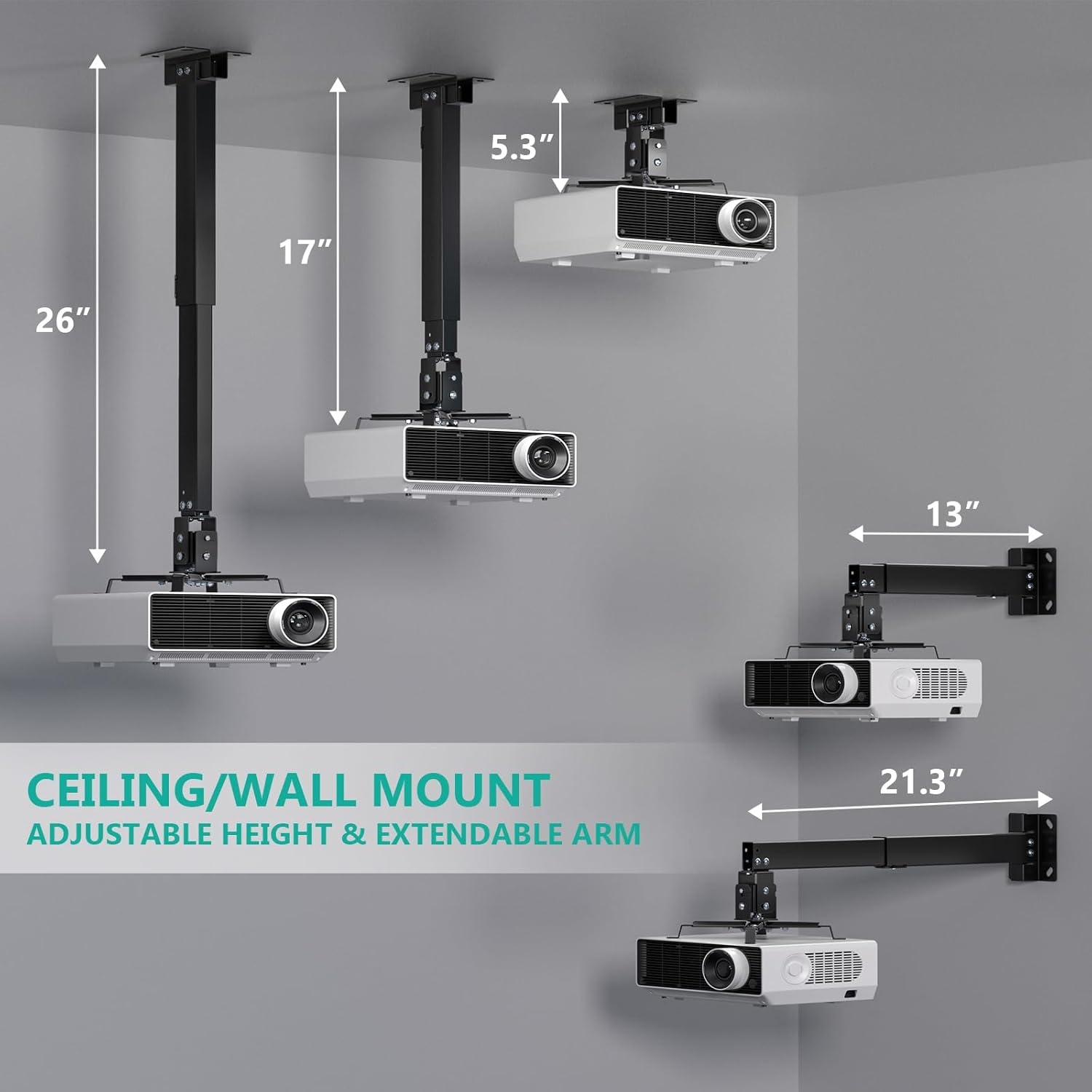 image:imageWALI Projector Ceiling Mount Tray Height Adjustable Wall Mount Holder for Projectors Hidden Cable Management Fits Projectors up to 22lbs 137 x 86 Platform White PM005WBlack