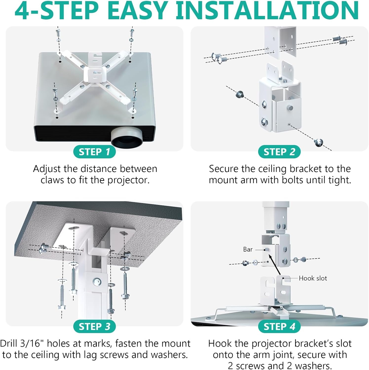 image:imageWALI Projector Ceiling Mount Tray Height Adjustable Wall Mount Holder for Projectors Hidden Cable Management Fits Projectors up to 22lbs 137 x 86 Platform White PM005WWhite