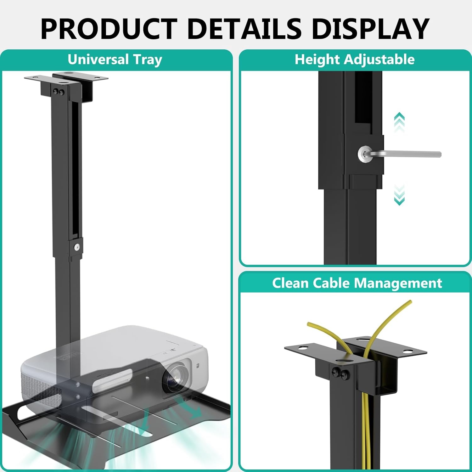 image:imageWALI Projector Ceiling Mount Tray Height Adjustable Wall Mount Holder for Projectors Hidden Cable Management Fits Projectors up to 22lbs 137 x 86 Platform White PM005WBlack