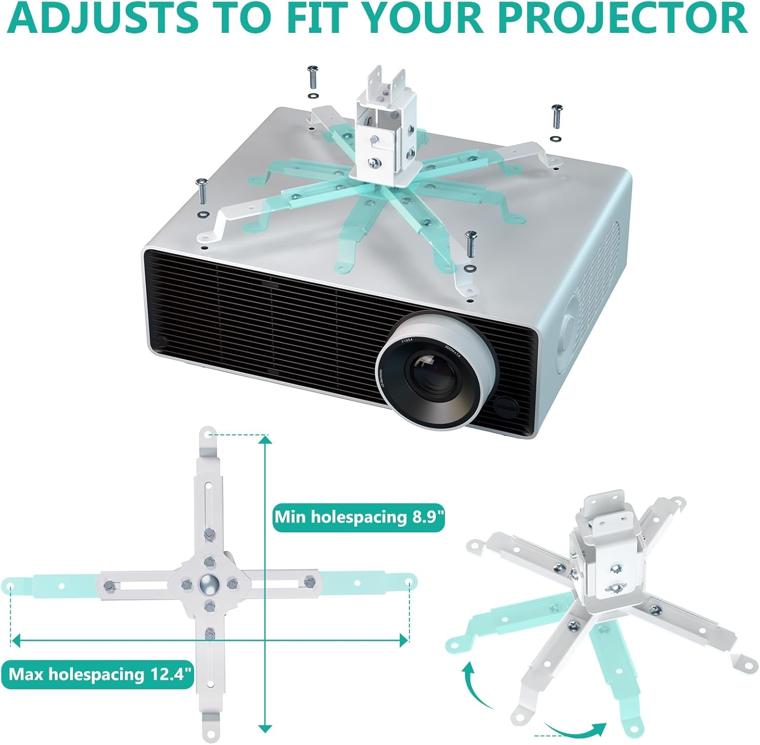 image:imageWALI Projector Ceiling Mount Tray Height Adjustable Wall Mount Holder for Projectors Hidden Cable Management Fits Projectors up to 22lbs 137 x 86 Platform White PM005WWhite