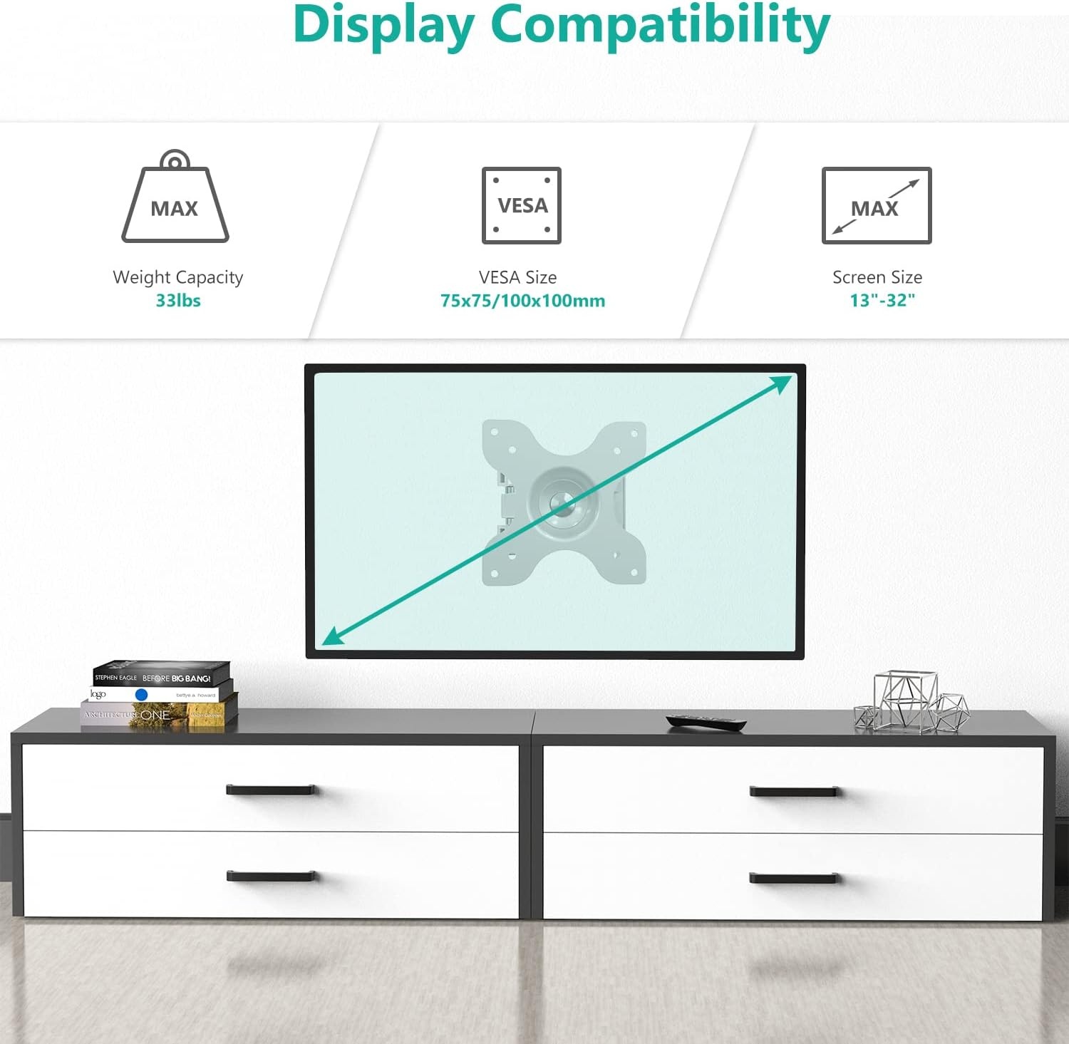 image:imageWALI TV Wall Mount Articulating LCD Monitor Full Motion 15 inch Extension Arm Tilt Swivel for Most 13 to 32 inch LED TV Flat Panel Screen with Mounting Holes up to 100x100mm 1330LM BlackWhite