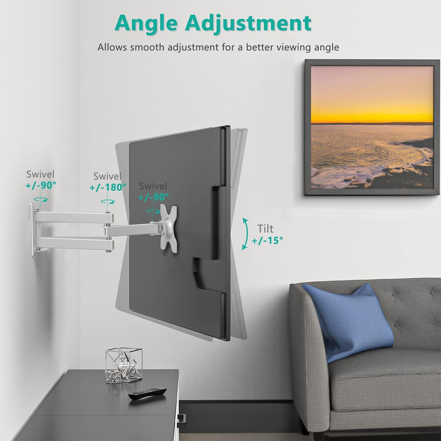 image:imageWALI TV Wall Mount Articulating LCD Monitor Full Motion 15 inch Extension Arm Tilt Swivel for Most 13 to 32 inch LED TV Flat Panel Screen with Mounting Holes up to 100x100mm 1330LM BlackWhite