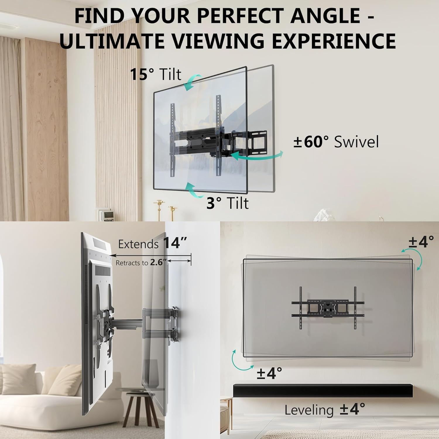 image:imageWALI TV Wall Mount Articulating LCD Monitor Full Motion 15 inch Extension Arm Tilt Swivel for Most 13 to 32 inch LED TV Flat Panel Screen with Mounting Holes up to 100x100mm 1330LM BlackBlack