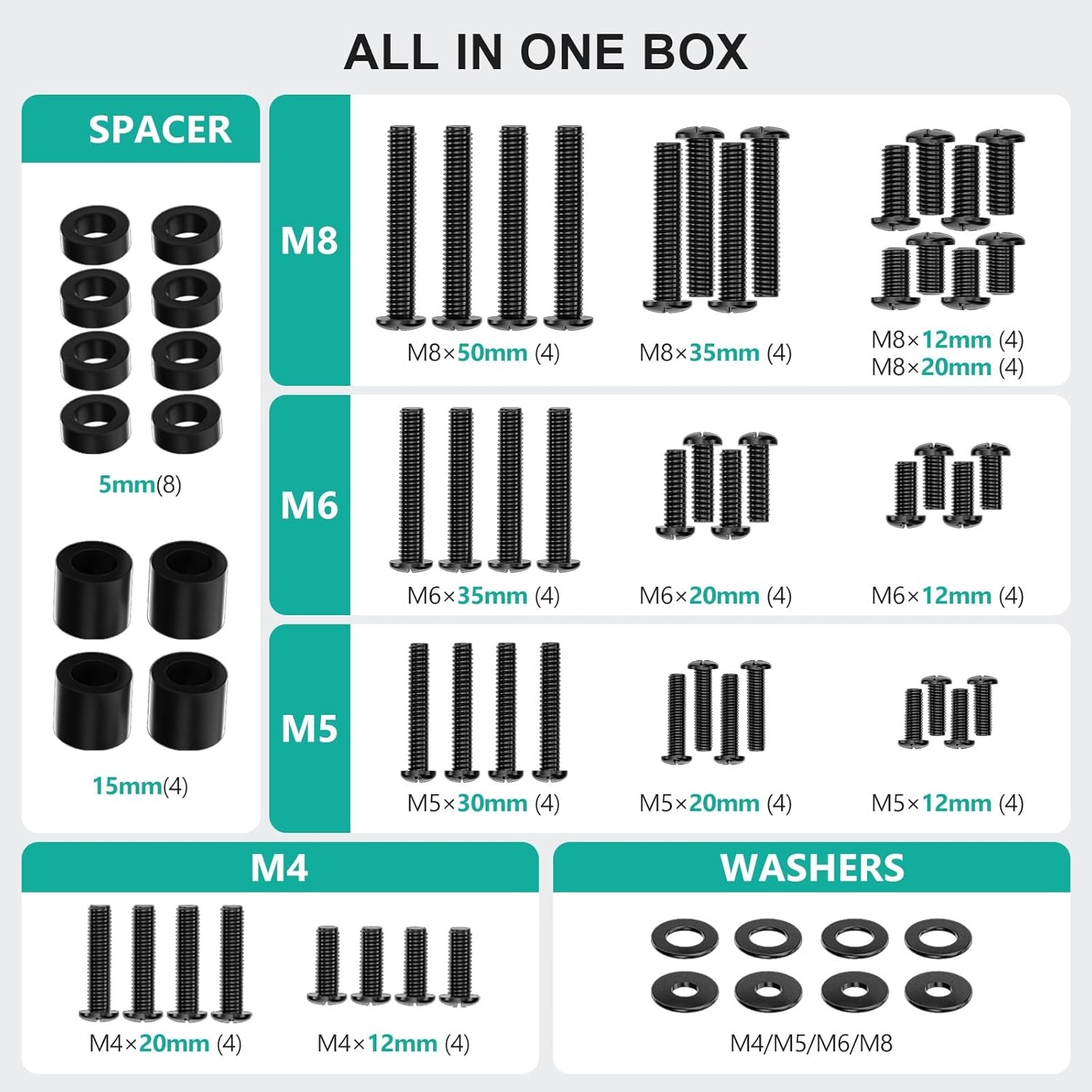 image:imageWALI Universal TV Mounting Hardware Kit Set Includes M4 M5 M6 M8 TV Screws and Spacer Fit Most TVs up to 80 inch UVSP BlackMounting Hardware Kit
