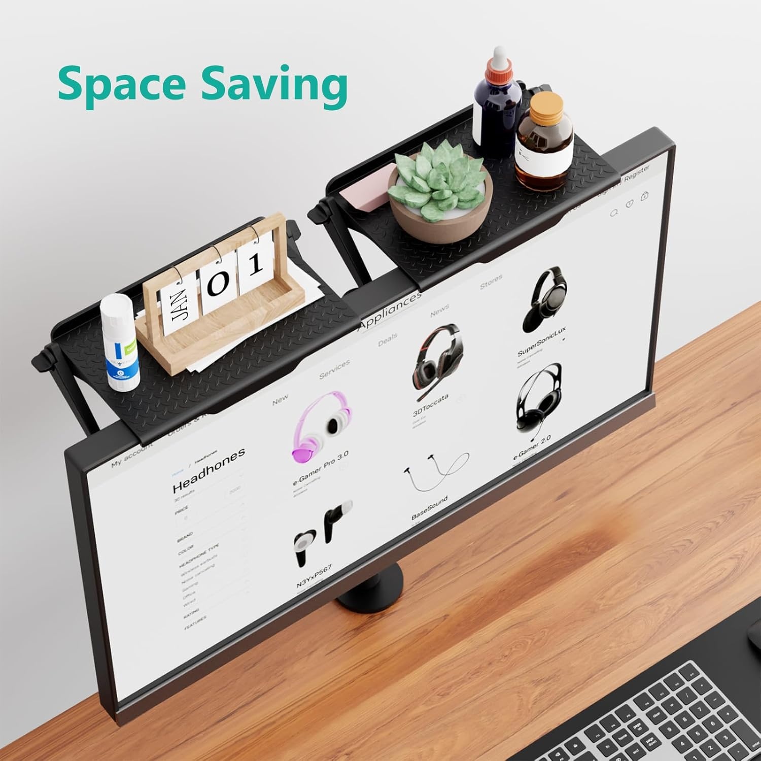 image:imageWALI TV Top Shelf 2 Pieces 8 Inch Adjustable Monitor Top Shelf Screen Storage Computer Screen Shelves Top TV Shelves for Cable Box Media Box Router DVD BlackTSP0012B