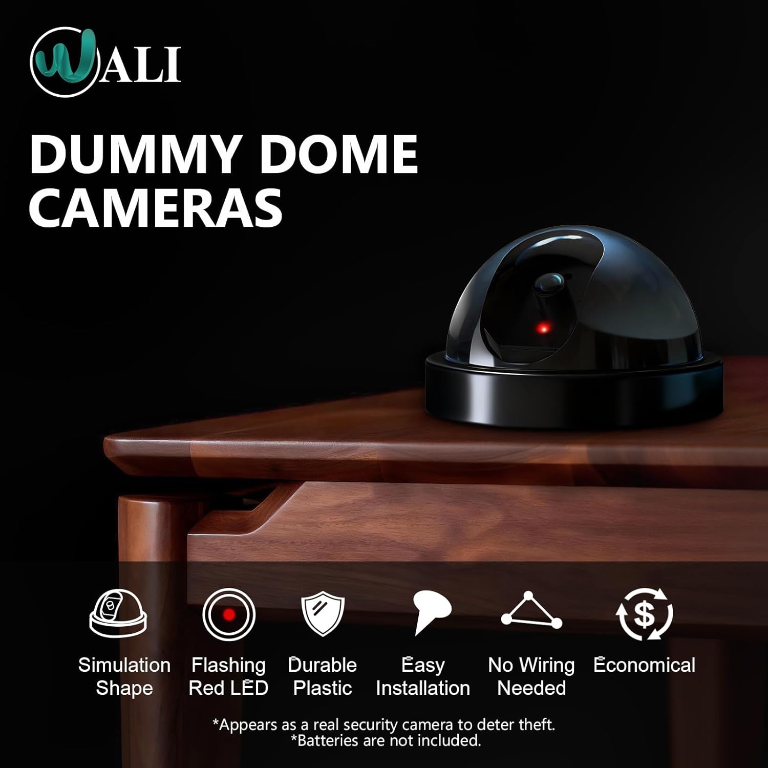 image:imageWALI Dummy Fake Security CCTV Dome Camera with Flashing Red LED Light with Security Alert Sticker Decals SD2 2 Packs BlackBlack