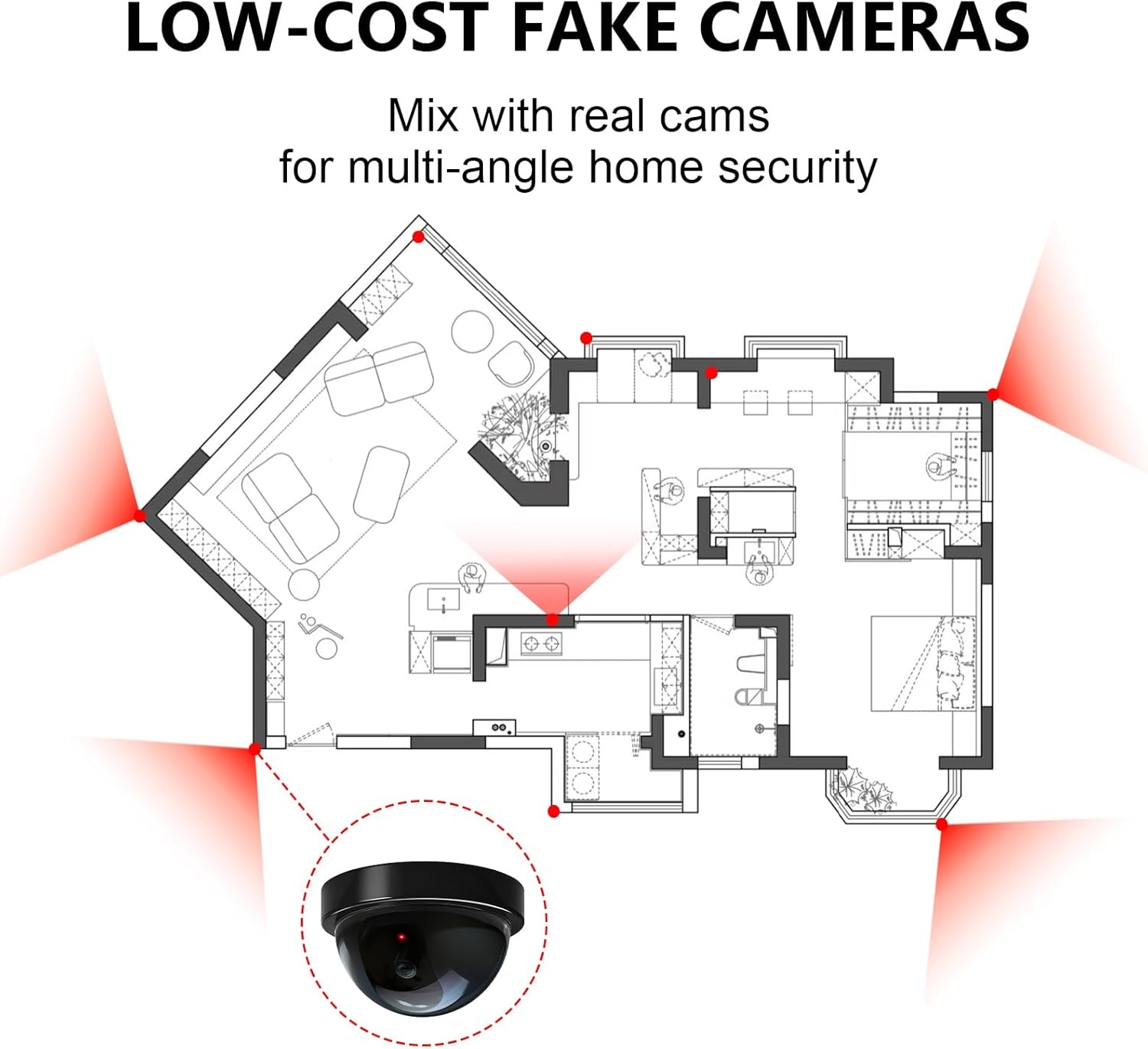 image:imageWALI Dummy Fake Security CCTV Dome Camera with Flashing Red LED Light with Security Alert Sticker Decals SD2 2 Packs BlackBlack