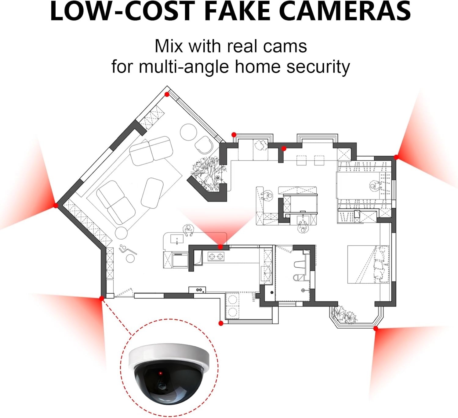 image:imageWALI Dummy Fake Security CCTV Dome Camera with Flashing Red LED Light with Security Alert Sticker Decals SD2 2 Packs BlackWhite