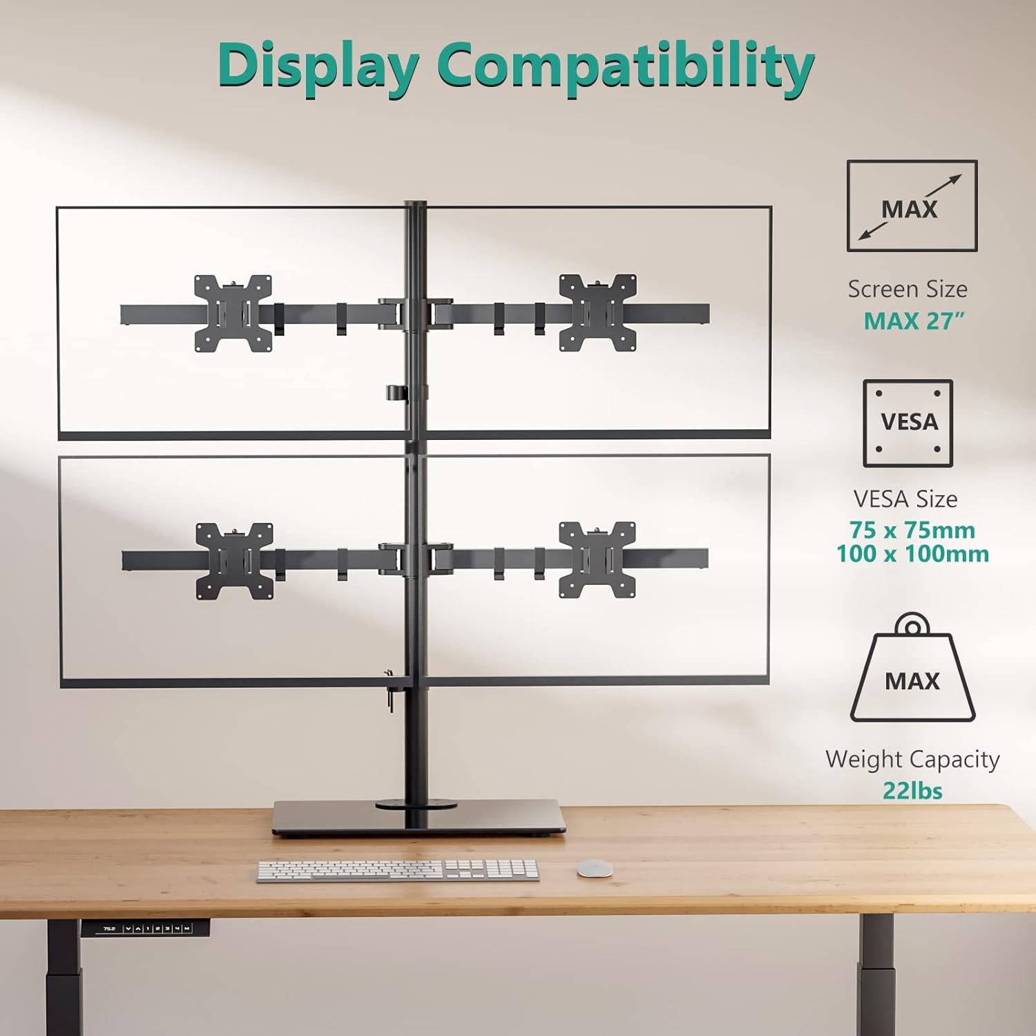 image:imageWALI Free Standing Triple Monitor Mount Heavy Duty Triple Monitors Stand for 1327 inch Screens Adjustable 3 Monitor Arm Desk Mount with Swivel Tilt Rotation Grommet Base MF003N BlackQuad