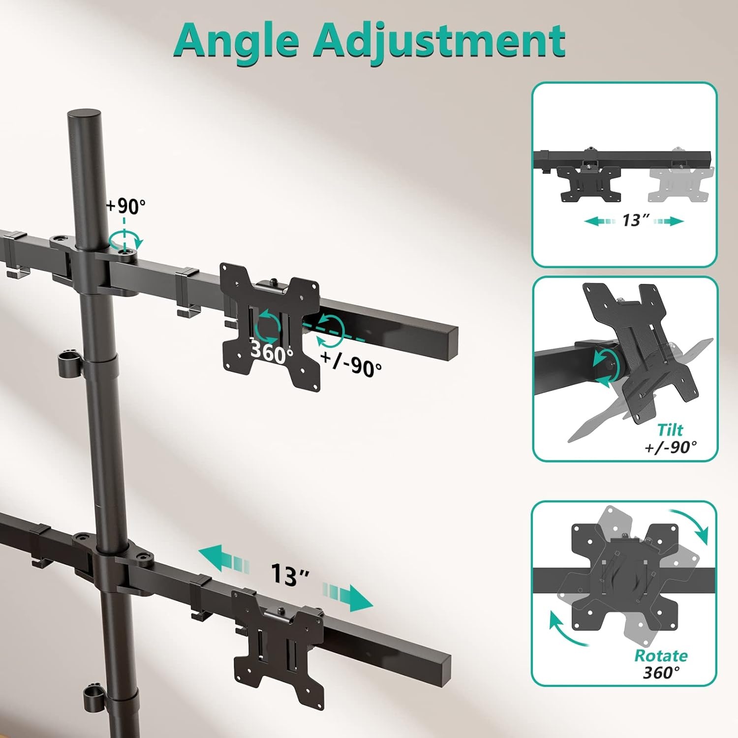 image:imageWALI Free Standing Triple Monitor Mount Heavy Duty Triple Monitors Stand for 1327 inch Screens Adjustable 3 Monitor Arm Desk Mount with Swivel Tilt Rotation Grommet Base MF003N BlackQuad