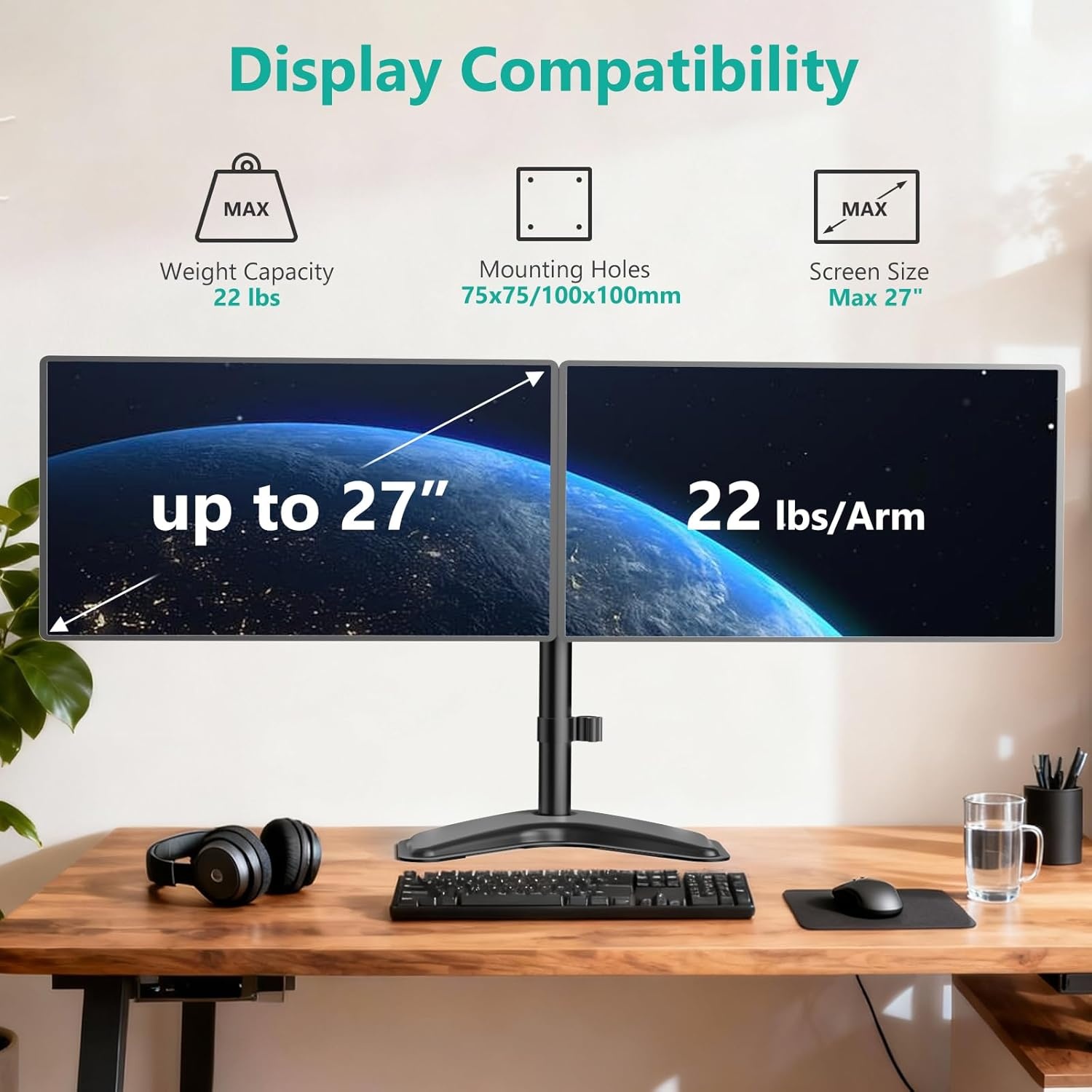 image:imageWALI Free Standing Triple Monitor Mount Heavy Duty Triple Monitors Stand for 1327 inch Screens Adjustable 3 Monitor Arm Desk Mount with Swivel Tilt Rotation Grommet Base MF003N BlackDual