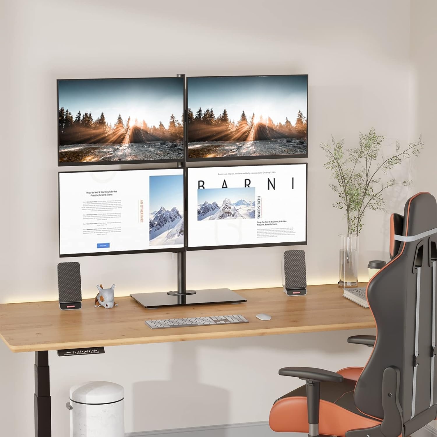 image:imageWALI Free Standing Triple Monitor Mount Heavy Duty Triple Monitors Stand for 1327 inch Screens Adjustable 3 Monitor Arm Desk Mount with Swivel Tilt Rotation Grommet Base MF003N BlackQuad