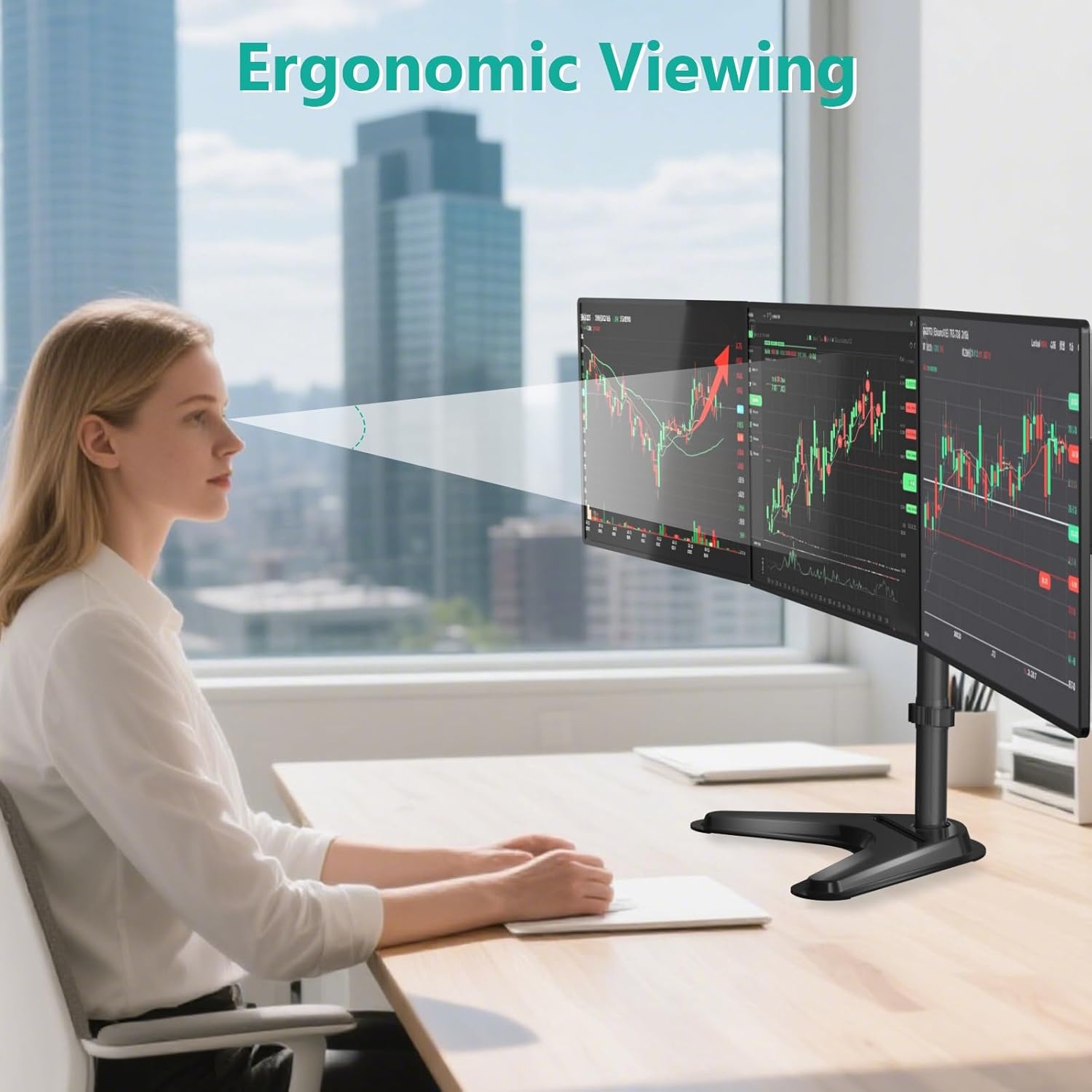 image:imageWALI Free Standing Triple Monitor Mount Heavy Duty Triple Monitors Stand for 1327 inch Screens Adjustable 3 Monitor Arm Desk Mount with Swivel Tilt Rotation Grommet Base MF003N BlackTriple