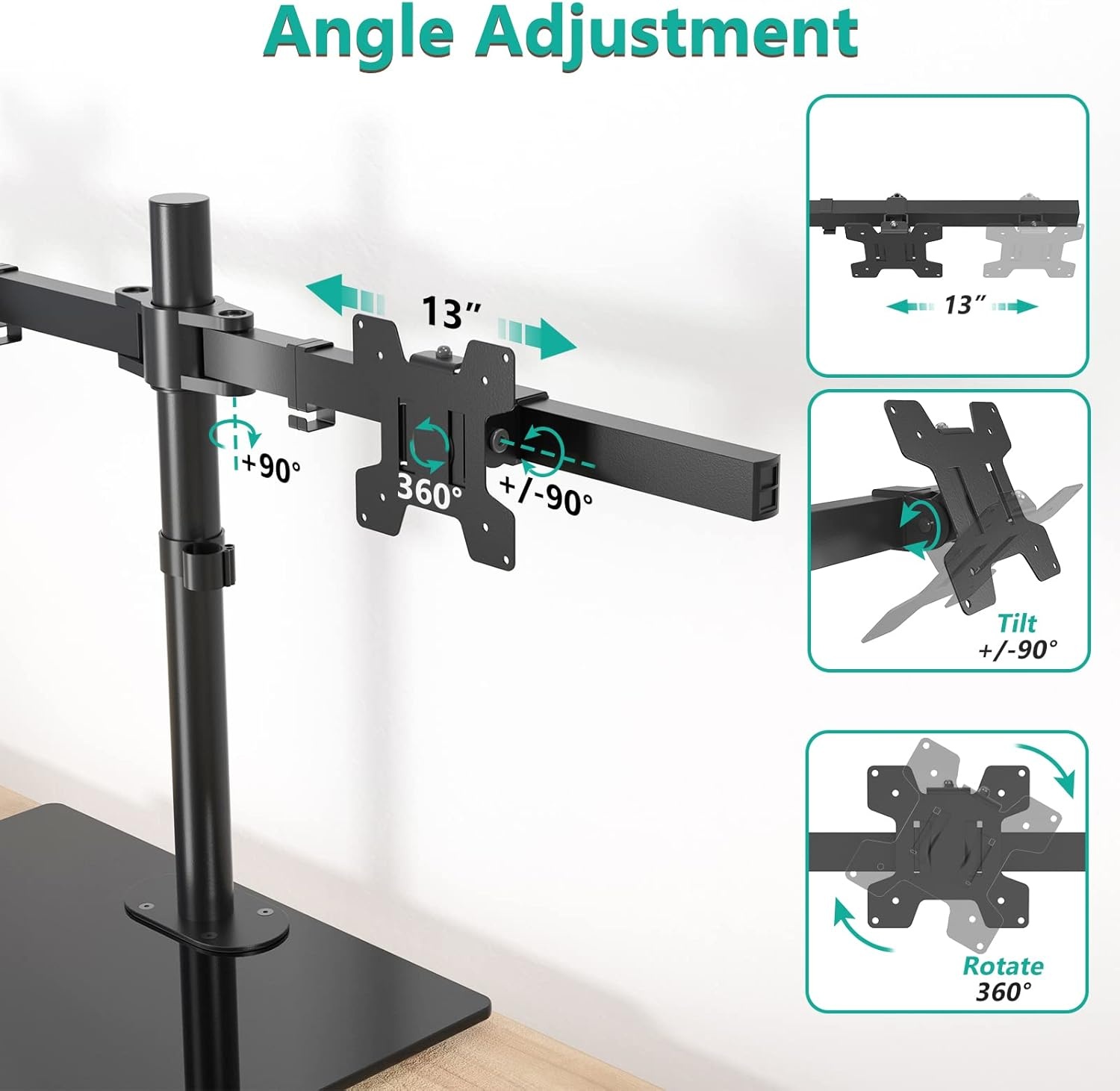 image:imageWALI Free Standing Triple Monitor Mount Heavy Duty Triple Monitors Stand for 1327 inch Screens Adjustable 3 Monitor Arm Desk Mount with Swivel Tilt Rotation Grommet Base MF003N BlackDual