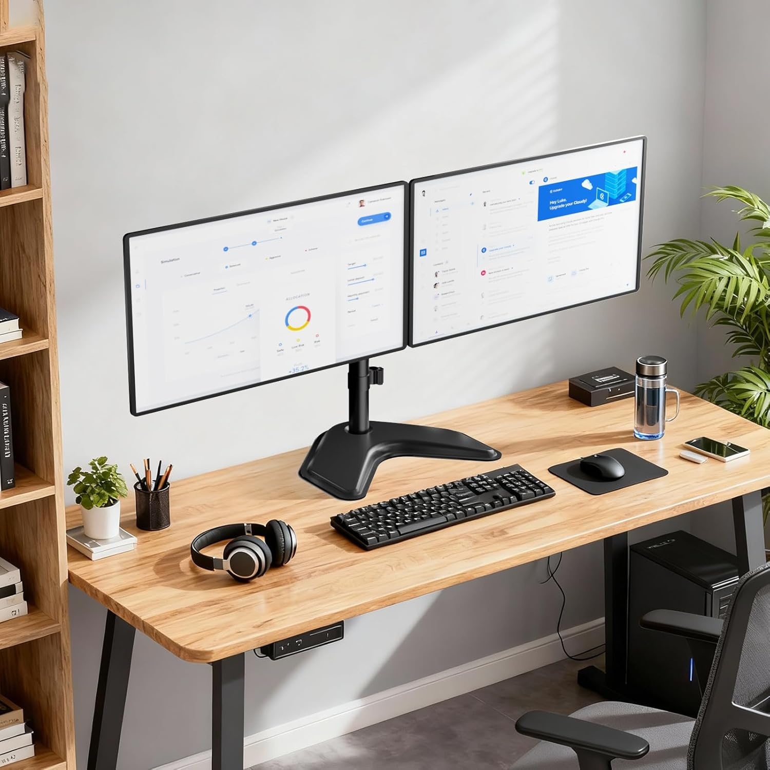 image:imageWALI Free Standing Triple Monitor Mount Heavy Duty Triple Monitors Stand for 1327 inch Screens Adjustable 3 Monitor Arm Desk Mount with Swivel Tilt Rotation Grommet Base MF003N BlackDual