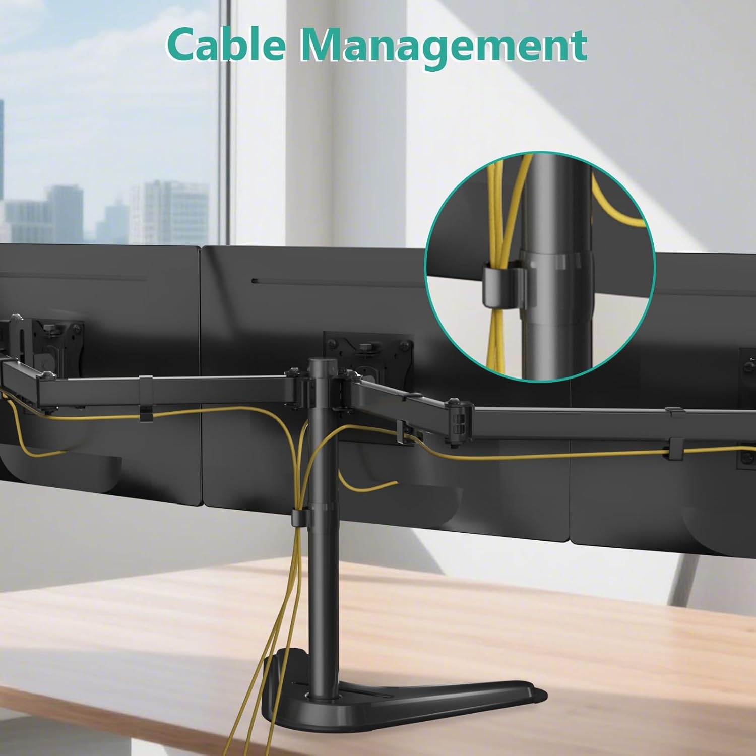 image:imageWALI Free Standing Triple Monitor Mount Heavy Duty Triple Monitors Stand for 1327 inch Screens Adjustable 3 Monitor Arm Desk Mount with Swivel Tilt Rotation Grommet Base MF003N BlackTriple
