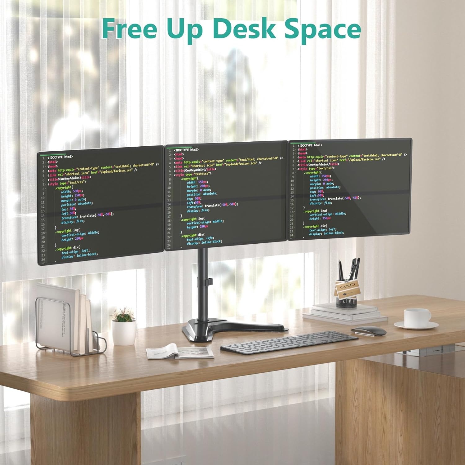 image:imageWALI Free Standing Triple Monitor Mount Heavy Duty Triple Monitors Stand for 1327 inch Screens Adjustable 3 Monitor Arm Desk Mount with Swivel Tilt Rotation Grommet Base MF003N BlackTriple