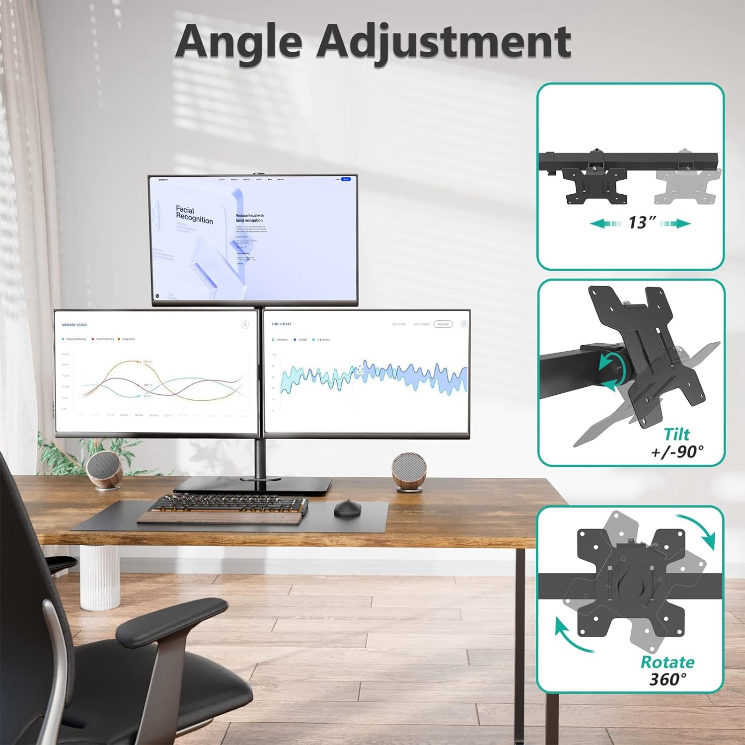 image:imageWALI Free Standing Triple Monitor Mount Heavy Duty Triple Monitors Stand for 1327 inch Screens Adjustable 3 Monitor Arm Desk Mount with Swivel Tilt Rotation Grommet Base MF003N BlackTriple