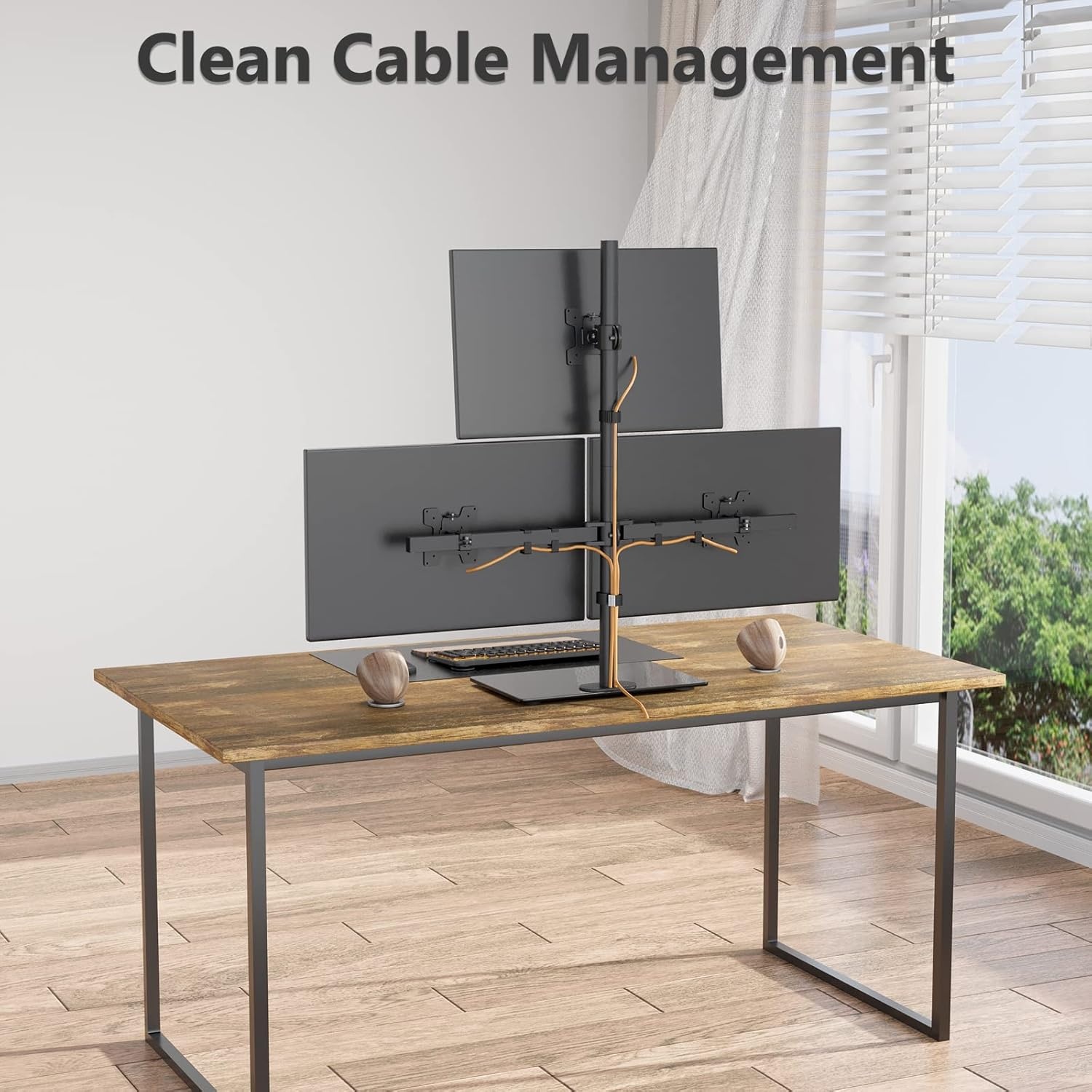 image:imageWALI Free Standing Triple Monitor Mount Heavy Duty Triple Monitors Stand for 1327 inch Screens Adjustable 3 Monitor Arm Desk Mount with Swivel Tilt Rotation Grommet Base MF003N BlackTriple