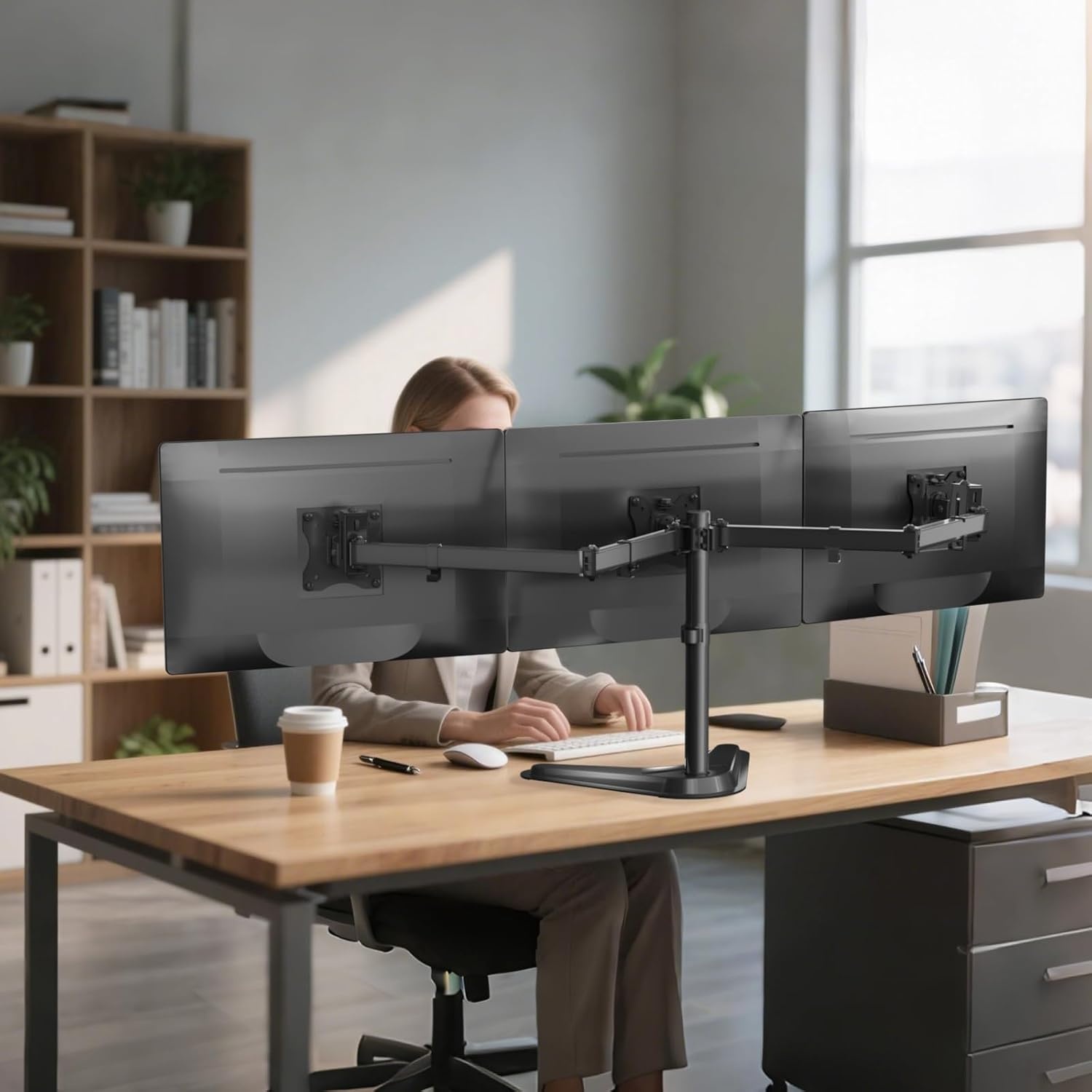 image:imageWALI Free Standing Triple Monitor Mount Heavy Duty Triple Monitors Stand for 1327 inch Screens Adjustable 3 Monitor Arm Desk Mount with Swivel Tilt Rotation Grommet Base MF003N BlackTriple