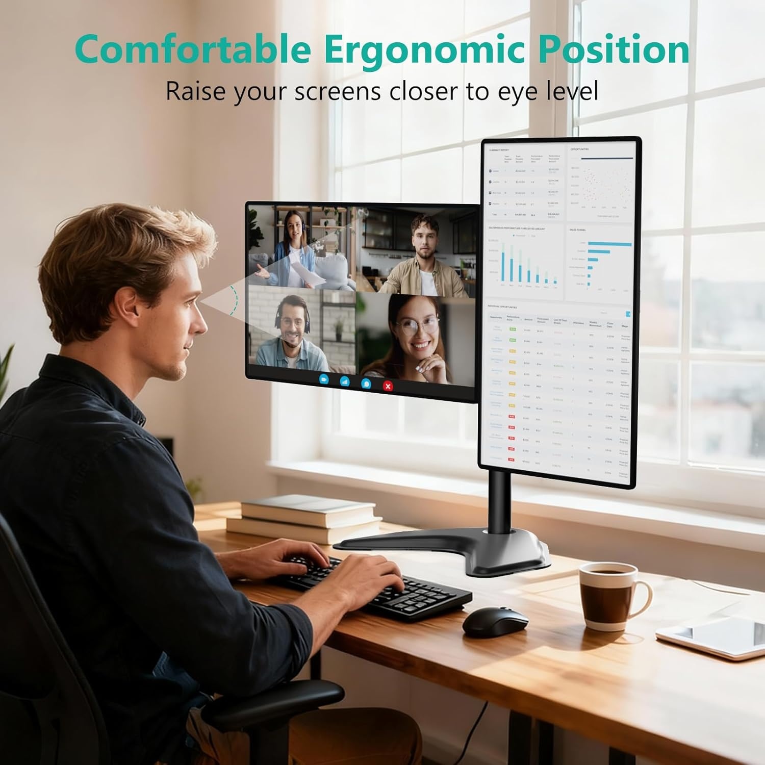 image:imageWALI Free Standing Triple Monitor Mount Heavy Duty Triple Monitors Stand for 1327 inch Screens Adjustable 3 Monitor Arm Desk Mount with Swivel Tilt Rotation Grommet Base MF003N BlackDual