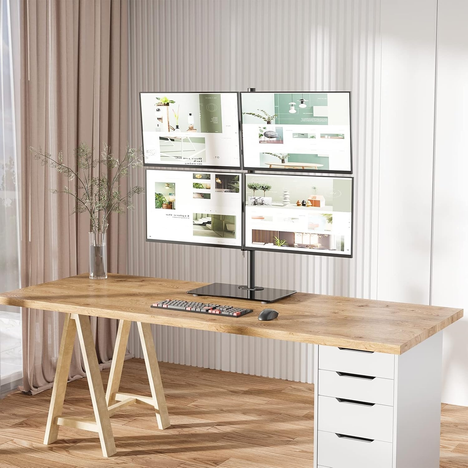 image:imageWALI Free Standing Triple Monitor Mount Heavy Duty Triple Monitors Stand for 1327 inch Screens Adjustable 3 Monitor Arm Desk Mount with Swivel Tilt Rotation Grommet Base MF003N BlackQuad