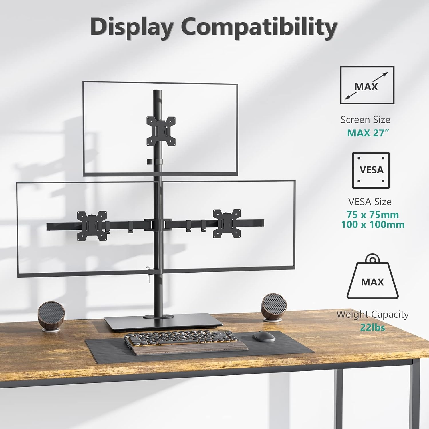 image:imageWALI Free Standing Triple Monitor Mount Heavy Duty Triple Monitors Stand for 1327 inch Screens Adjustable 3 Monitor Arm Desk Mount with Swivel Tilt Rotation Grommet Base MF003N BlackTriple