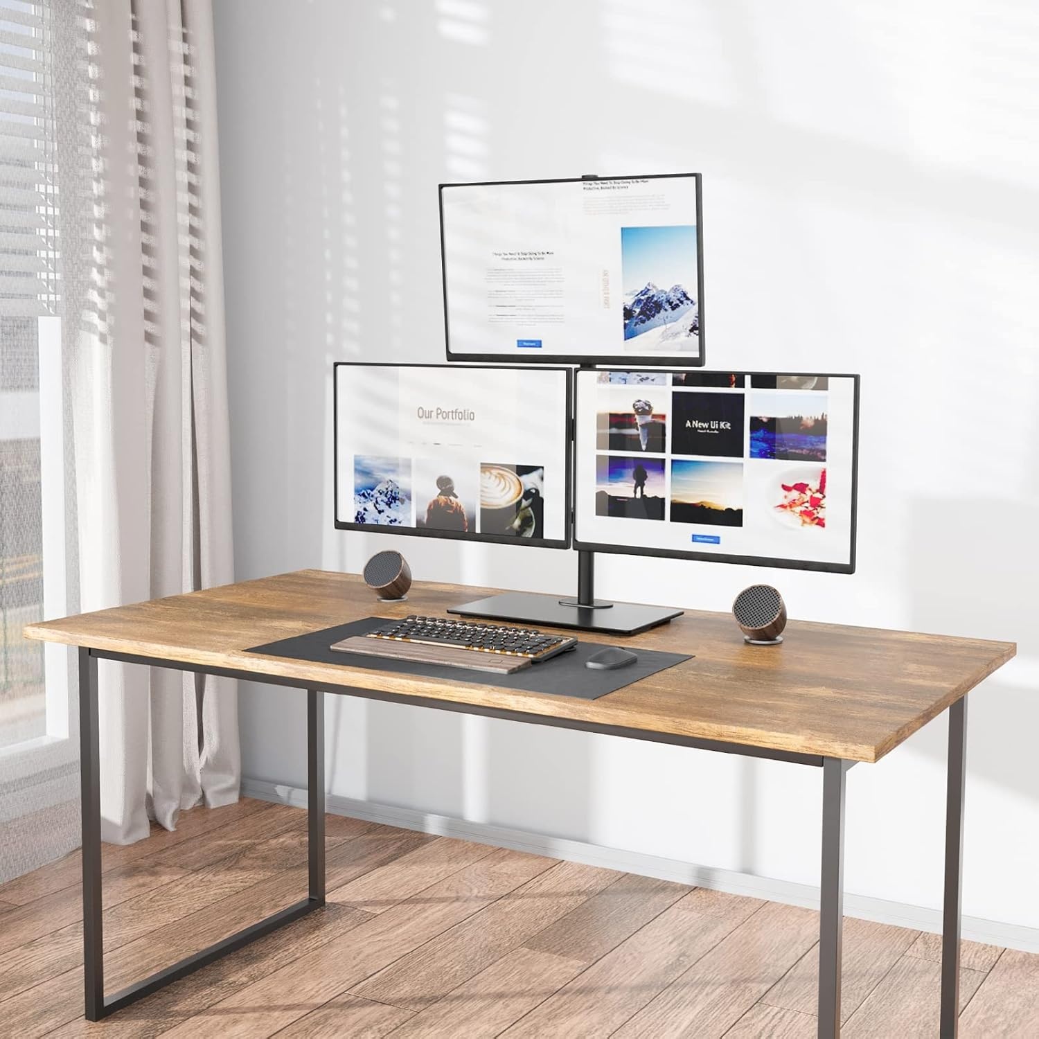image:imageWALI Free Standing Triple Monitor Mount Heavy Duty Triple Monitors Stand for 1327 inch Screens Adjustable 3 Monitor Arm Desk Mount with Swivel Tilt Rotation Grommet Base MF003N BlackTriple