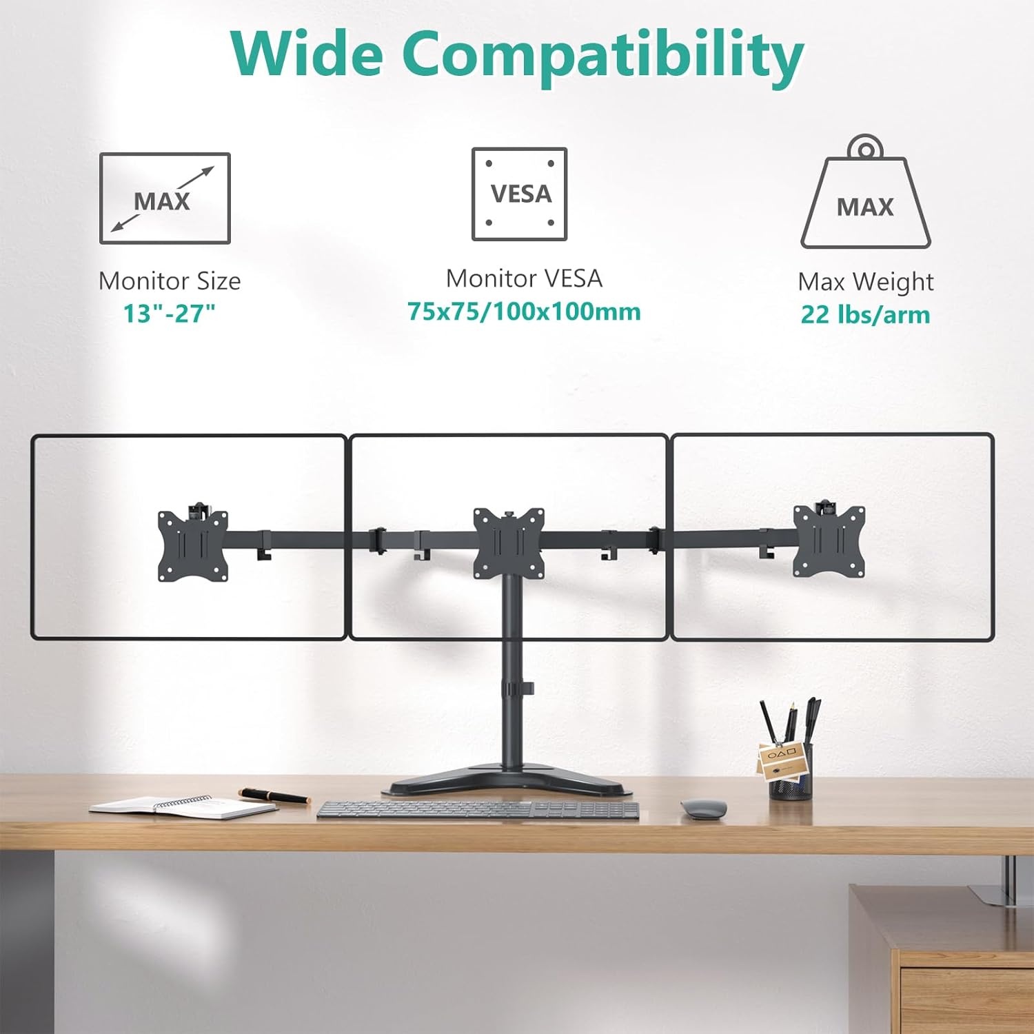 image:imageWALI Free Standing Triple Monitor Mount Heavy Duty Triple Monitors Stand for 1327 inch Screens Adjustable 3 Monitor Arm Desk Mount with Swivel Tilt Rotation Grommet Base MF003N BlackTriple