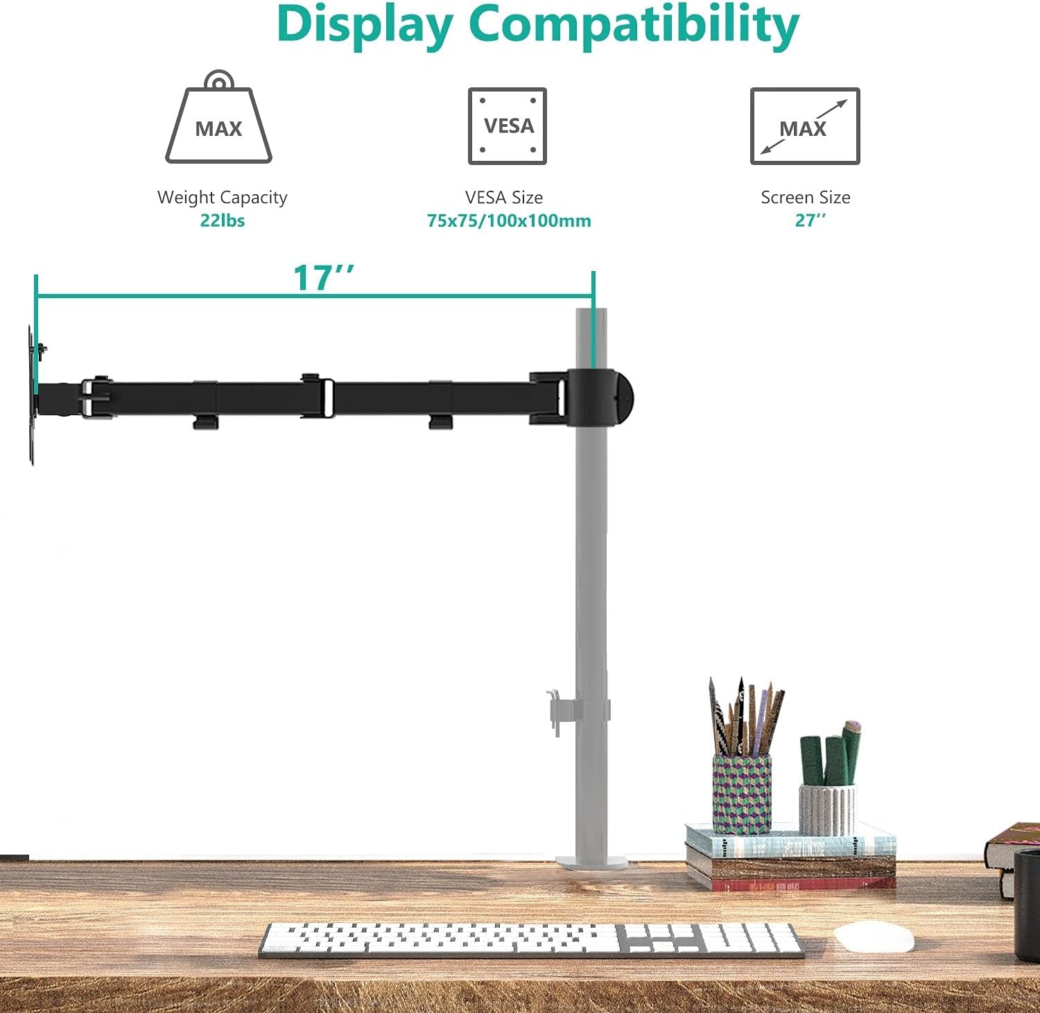image:imageWALI Single Monitor Arm Fully Adjustable Pole Mount Bracket for WALI Monitor Mounting System 001ARM Black