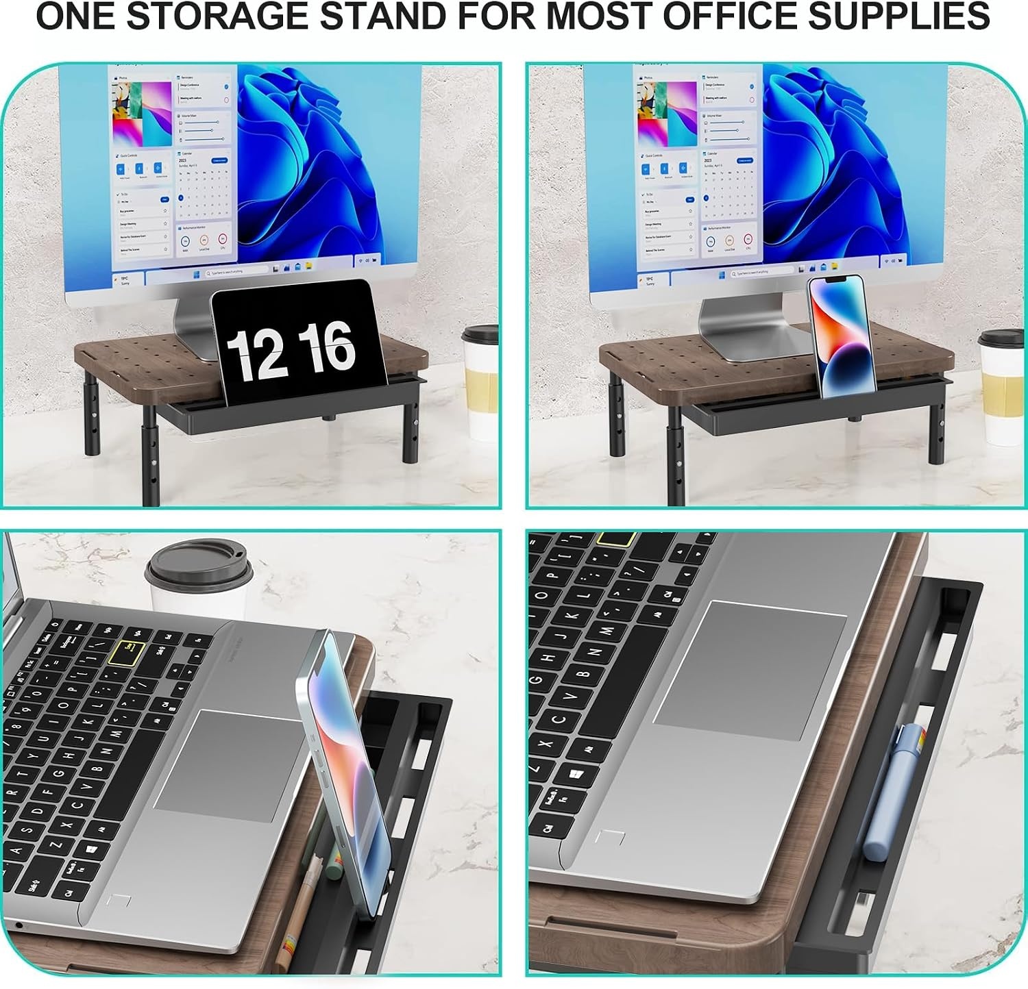 image:imageWALI Computer Monitor Stand for Desk Adjustable Laptop Riser Desk Monitor Stand Underneath Storage for Office School Supplies PTT001M 1 Pack MarbleBrown
