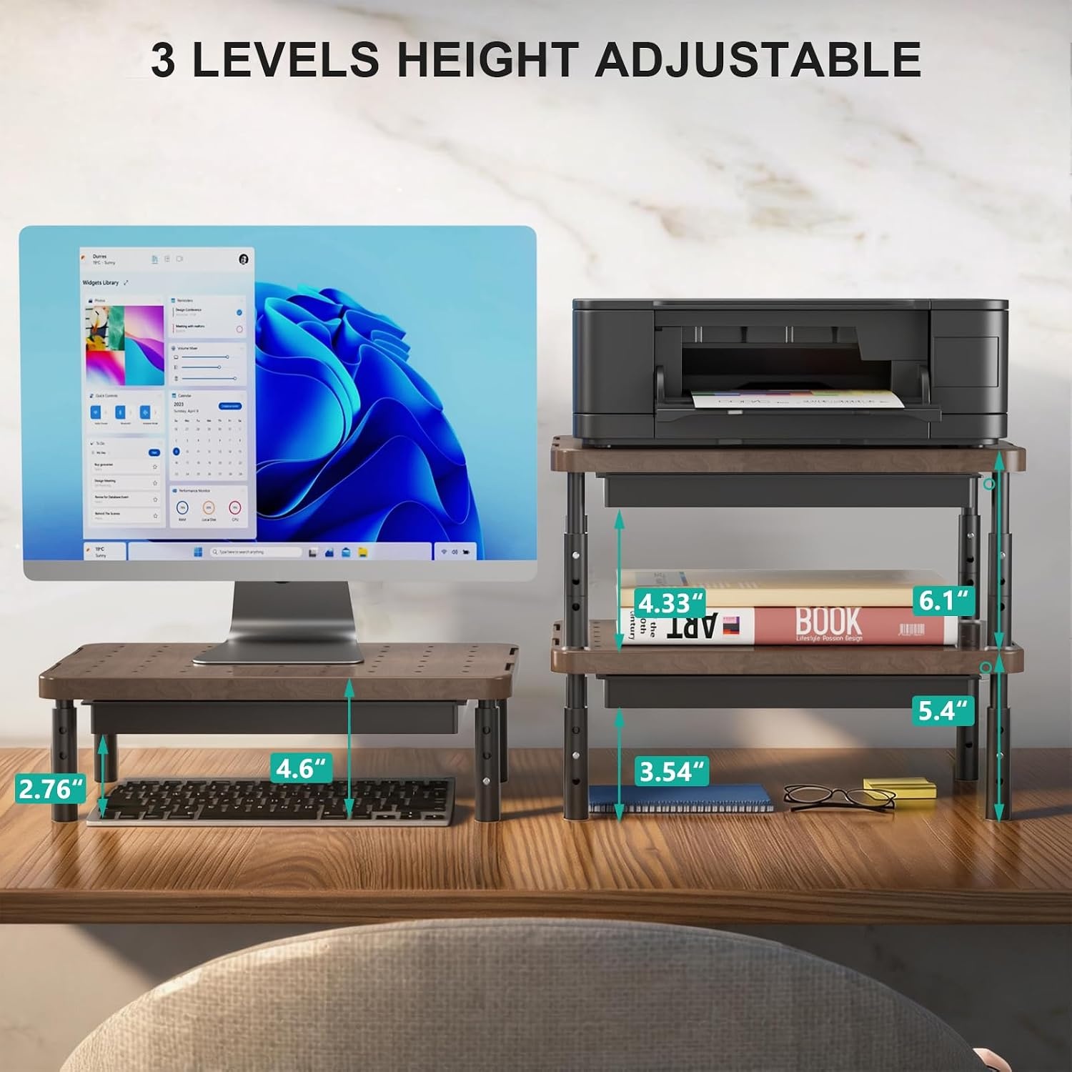image:imageWALI Computer Monitor Stand for Desk Adjustable Laptop Riser Desk Monitor Stand Underneath Storage for Office School Supplies PTT001M 1 Pack MarbleBrown