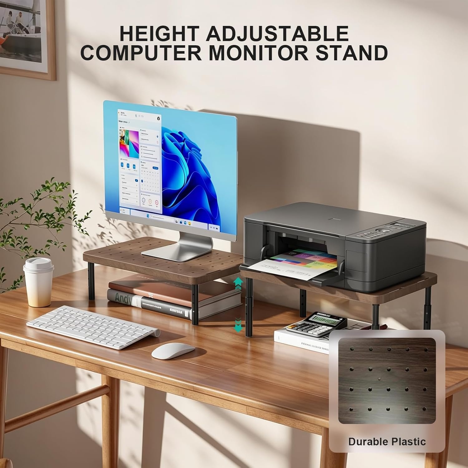 image:imageWALI Computer Monitor Stand for Desk Adjustable Laptop Riser Desk Monitor Stand Underneath Storage for Office School Supplies PTT001M 1 Pack MarbleBrown