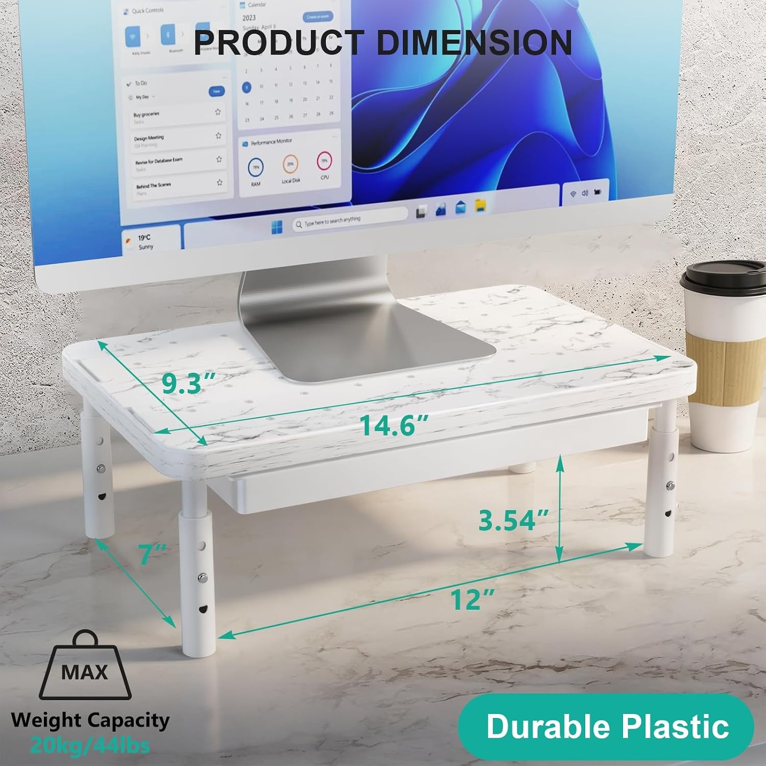 image:imageWALI Computer Monitor Stand for Desk Adjustable Laptop Riser Desk Monitor Stand Underneath Storage for Office School Supplies PTT001M 1 Pack MarbleMarble
