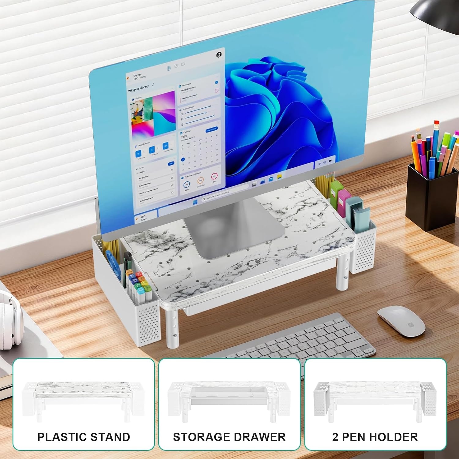 image:imageWALI Computer Monitor Stand for Desk Adjustable Laptop Riser Desk Monitor Stand Underneath Storage for Office School Supplies PTT001M 1 Pack MarbleMarble