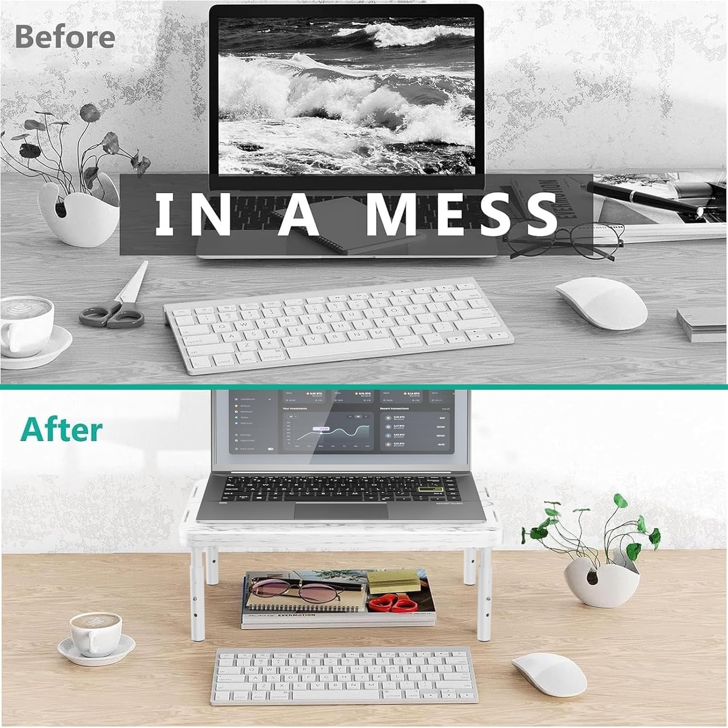 image:imageWALI Computer Monitor Stand for Desk Adjustable Laptop Riser Desk Monitor Stand Underneath Storage for Office School Supplies PTT001M 1 Pack MarbleMarble
